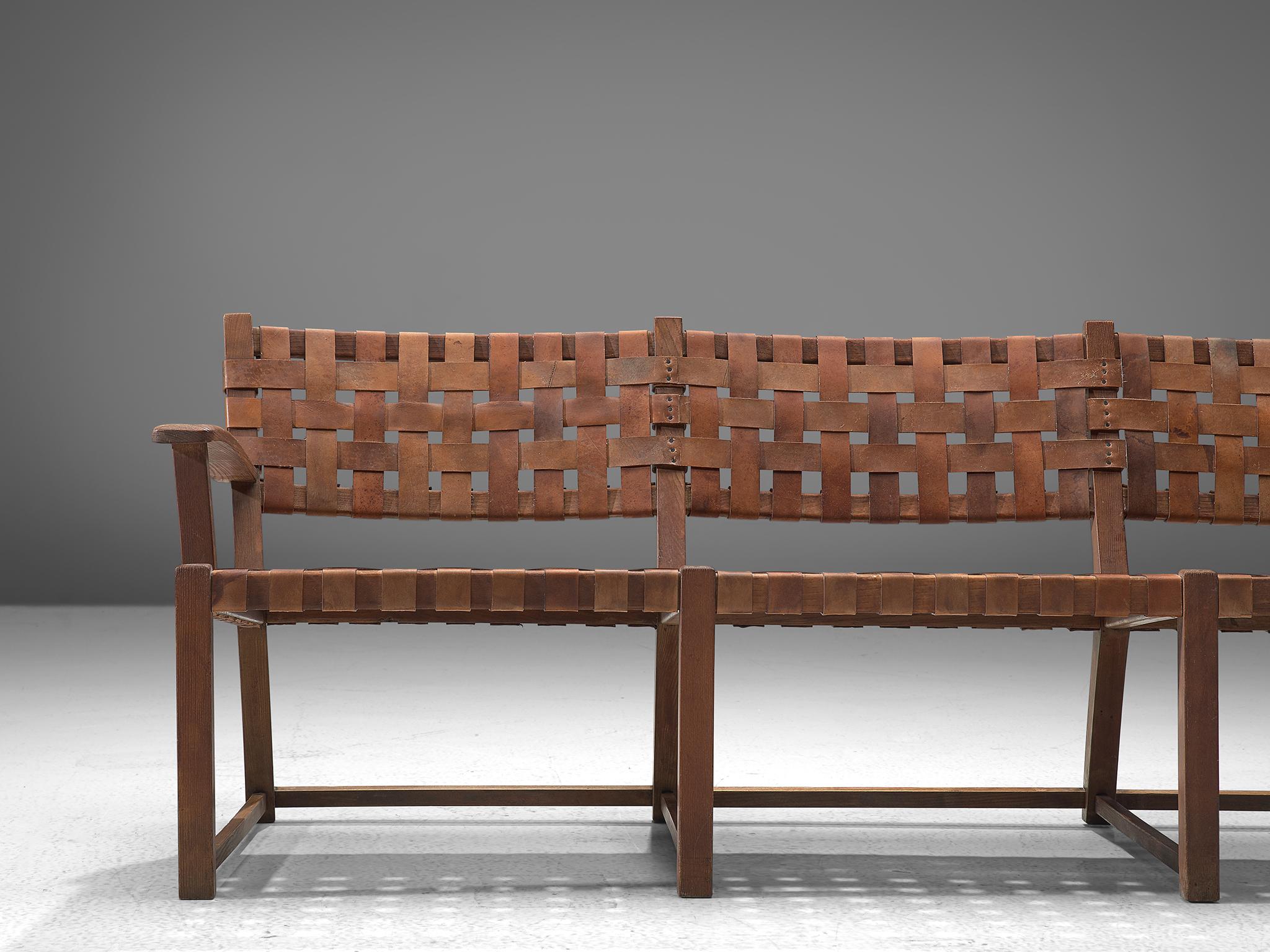 Scandinavian Sofa Bench with Cognac Leather Webbed Back and Seat