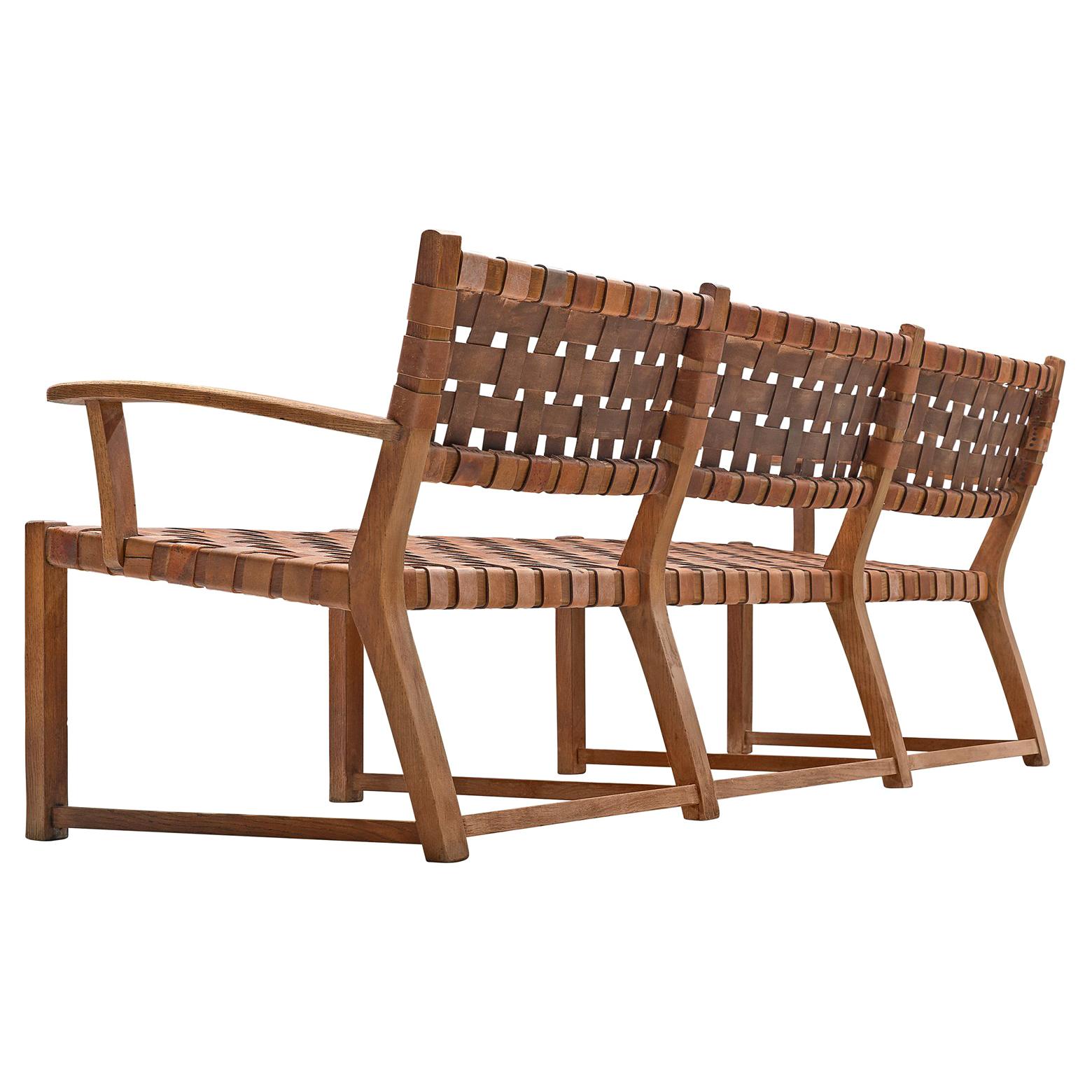 Sofa Bench with Cognac Leather Webbed Back and Seat