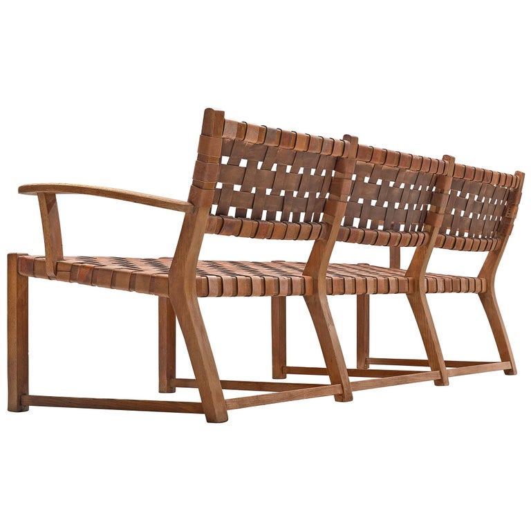 Sofa Bench With Cognac Leather Webbed Back And Seat For Sale At 1stdibs