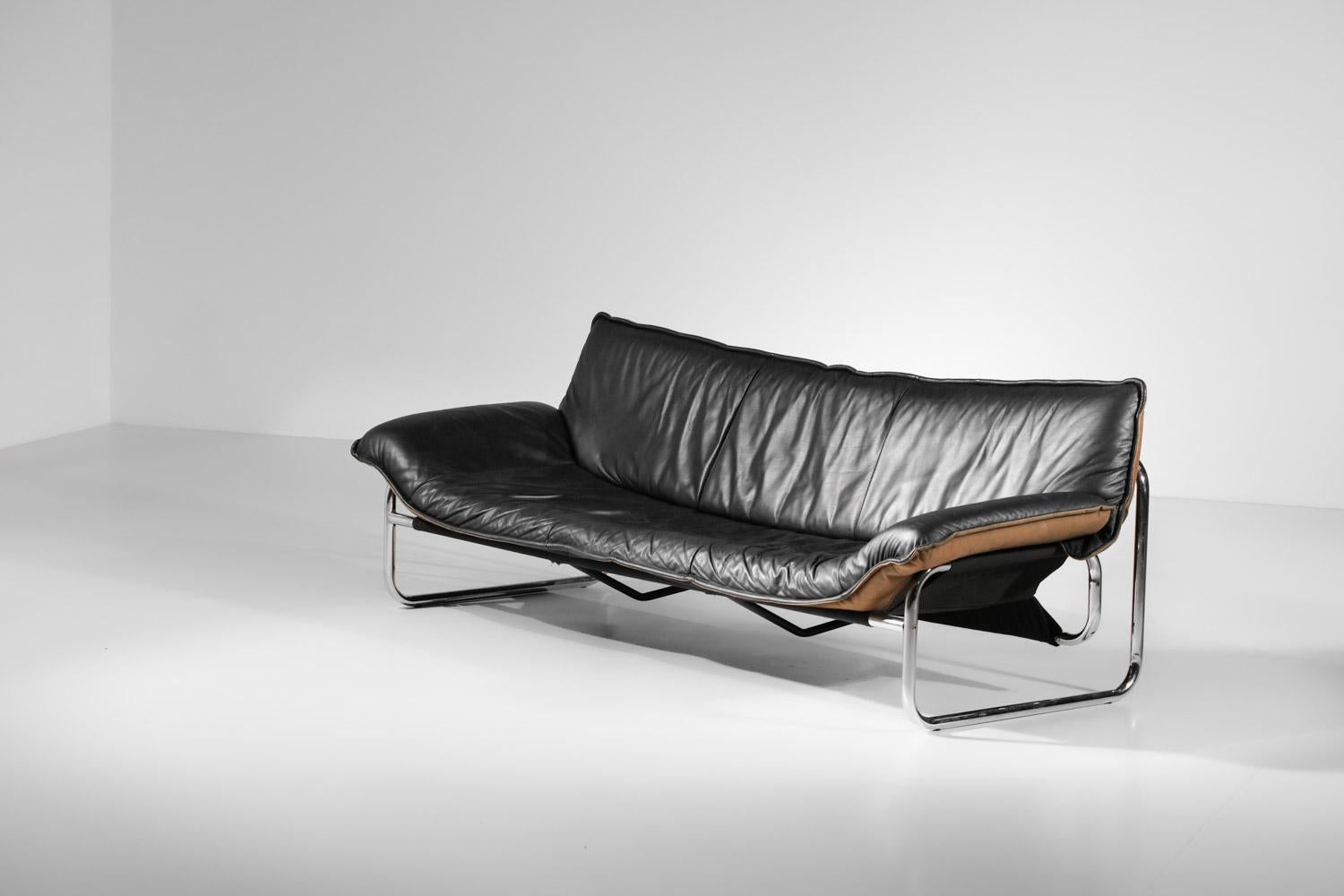 Steel Sofa  by Johan Bertil Haggstrom for ikea 70's in leather and chromed steel