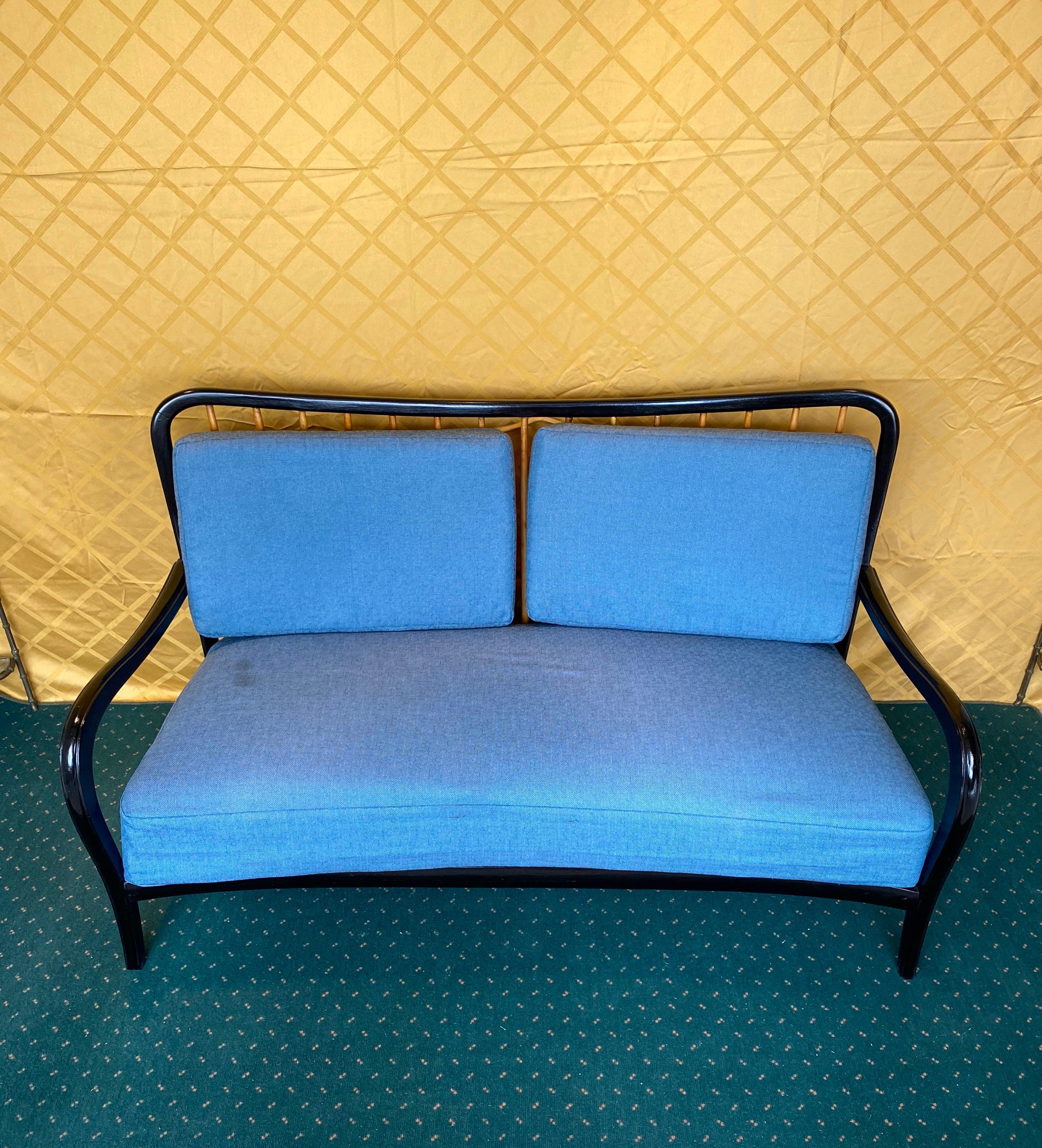 Two-seater sofa by the Italian designer Paolo Buffa, featuring a wooden structure and cushions in texture. Made in Italy, circa 1950.