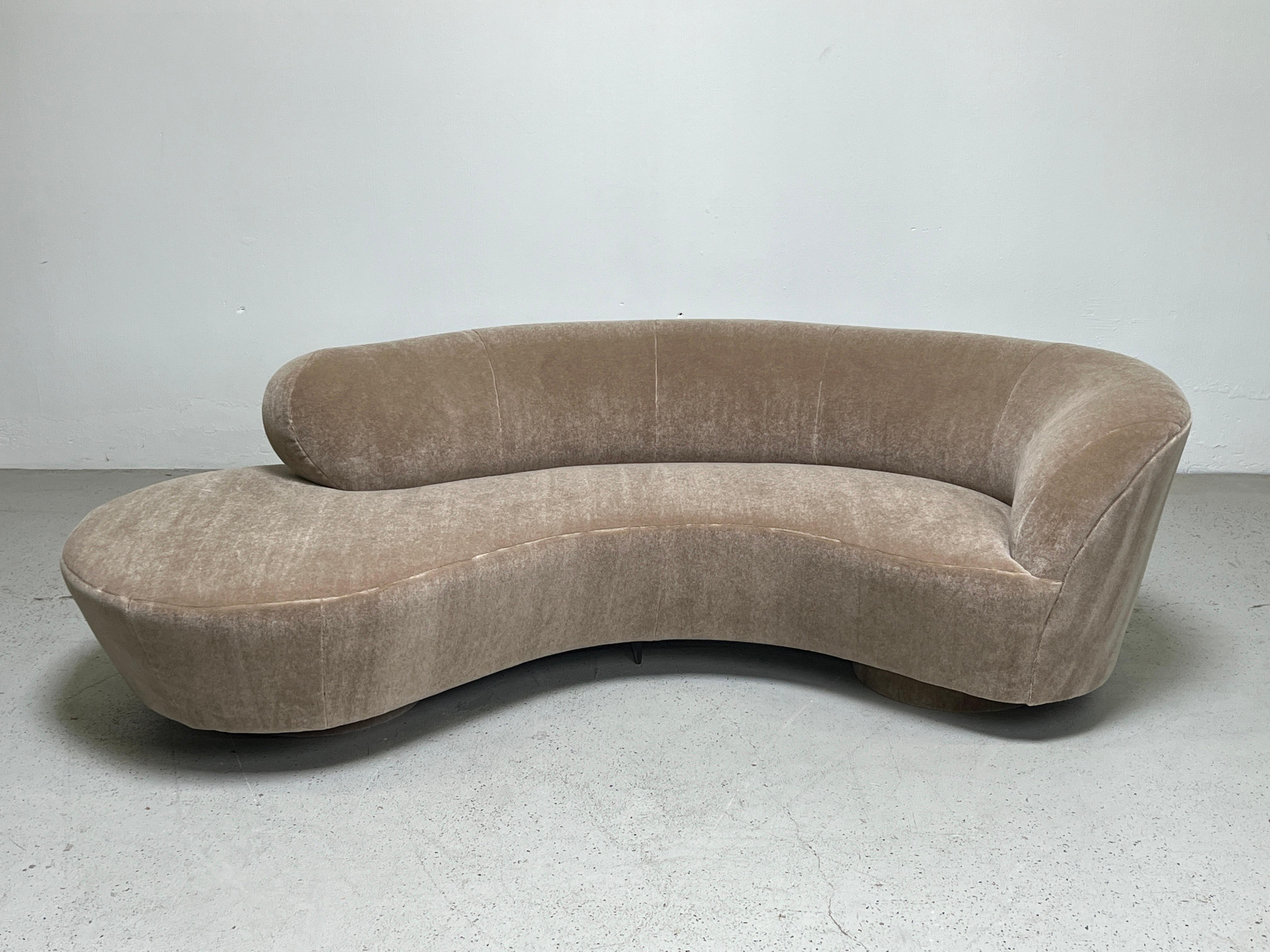 Sofa designed by Vladimir Kagan for Directional. Fully restored and upholstered in Holly Hunt / Fuzzy Wuzzy / Honey Bear plush mohair. Matching pair available. 