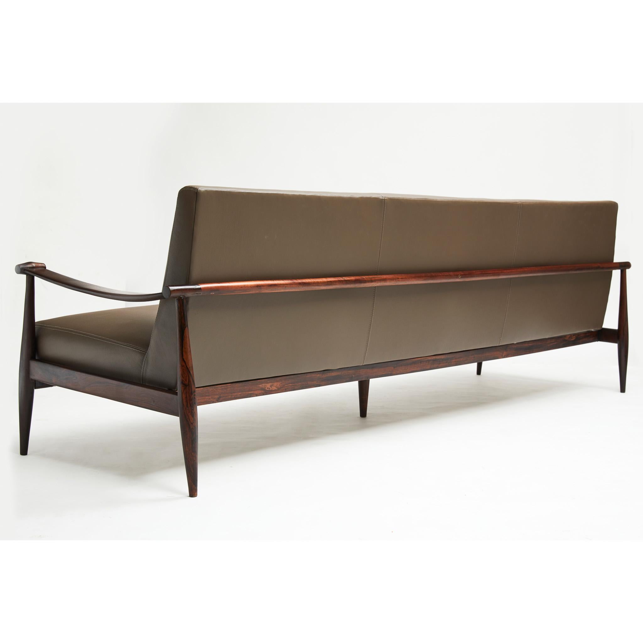 Hand-Carved Brazilian Modern Sofa in Hardwood &Brown Leather by Liceu De Artes 1960