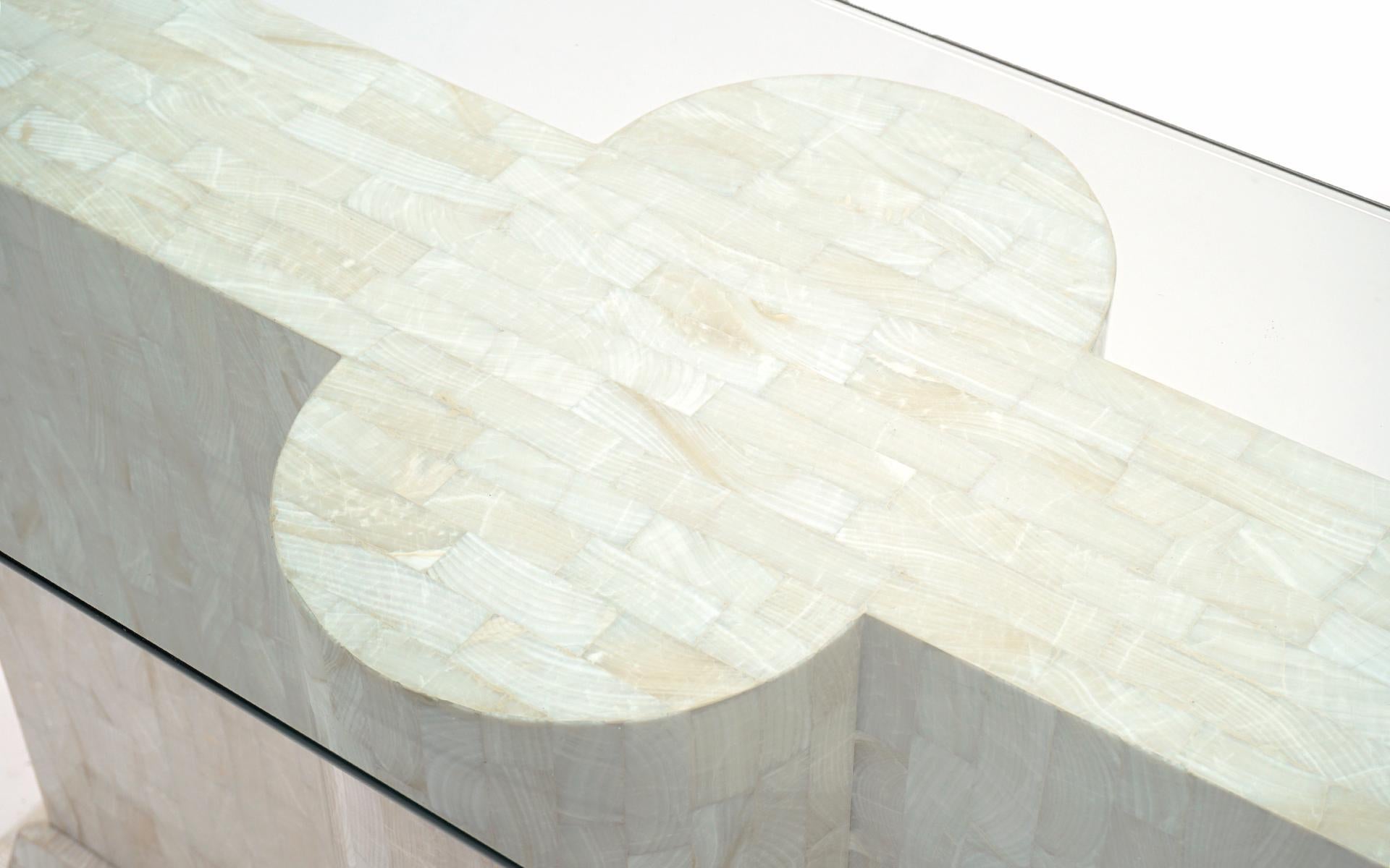 Sofa / Console Table in Tessellated Travertine with a Glass Top 4