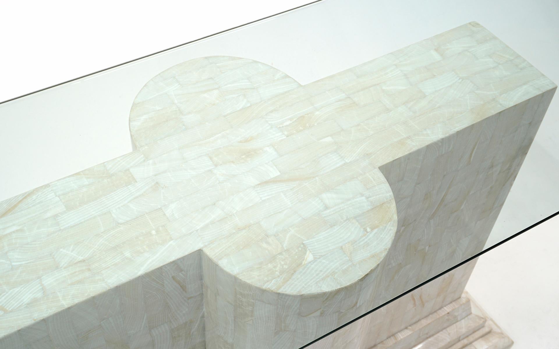 Hollywood Regency Sofa / Console Table in Tessellated Travertine with a Glass Top