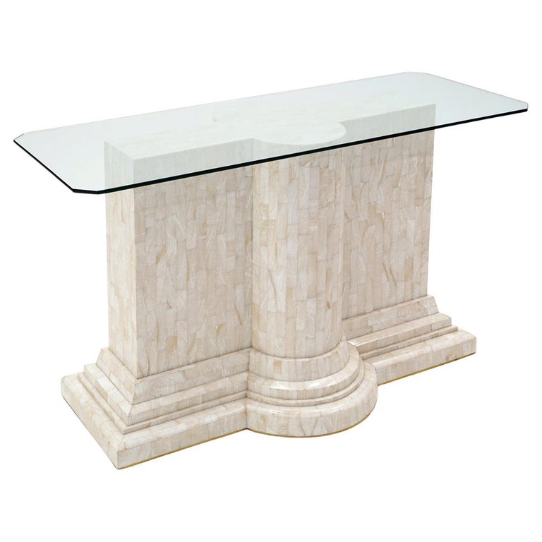 Sofa / Console Table in Tessellated Travertine with a Glass Top For Sale