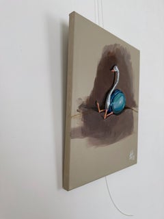 Figura gonfiabile di struzzo bambino in un angolo Studio d'ombra, pittura acrilica su lino