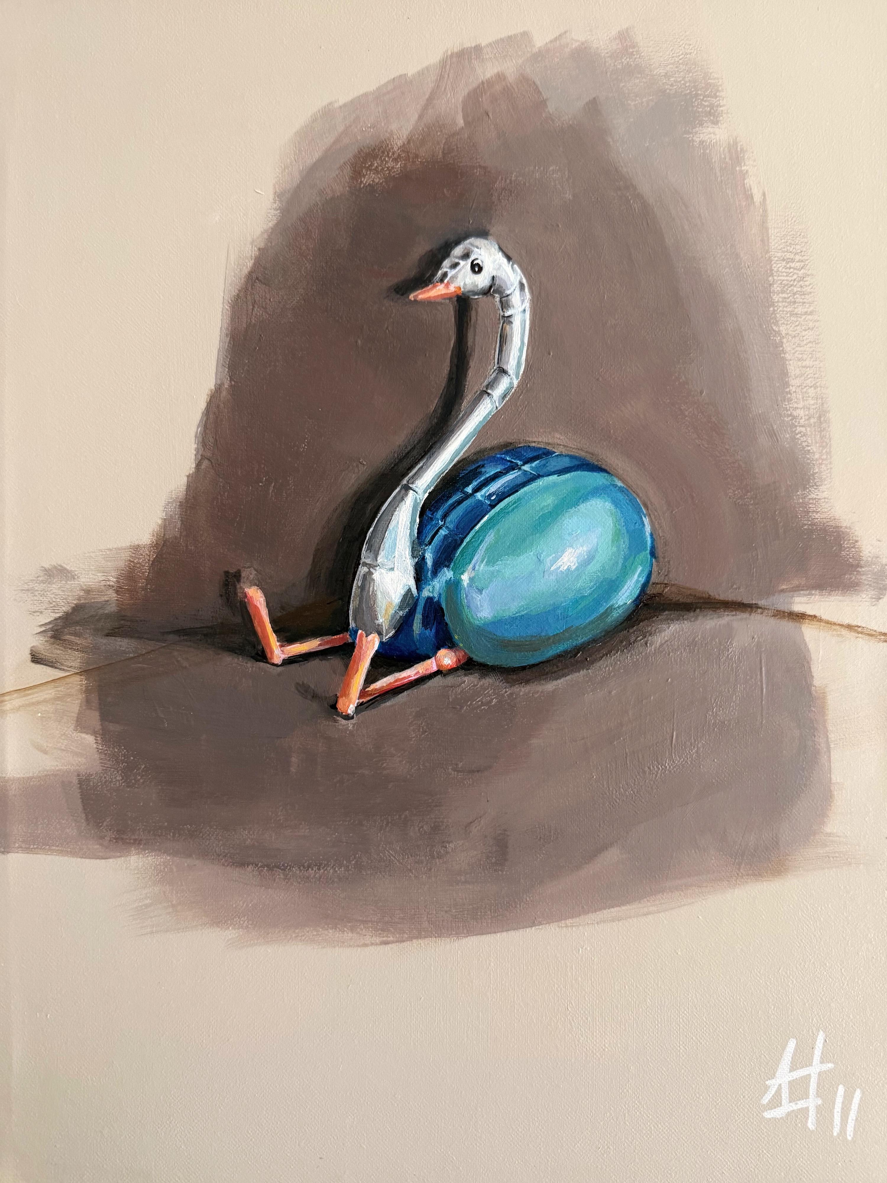 Sofía Cristina Jiménez Animal Painting - Baby Ostrich Bird Portrait Painting Minimal Surreal Art on Linen Canvas