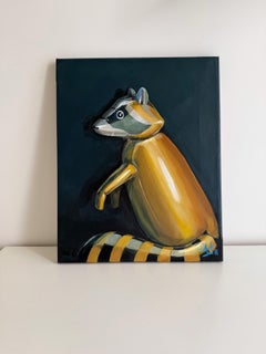 Balloon Raccoon Wildlife Portrait Painting on Linen Canvas
