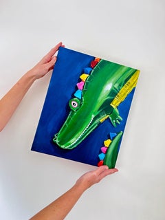 Colorful Green Crocodile Wildlife Painting Balloon Animal on Linen Canvas