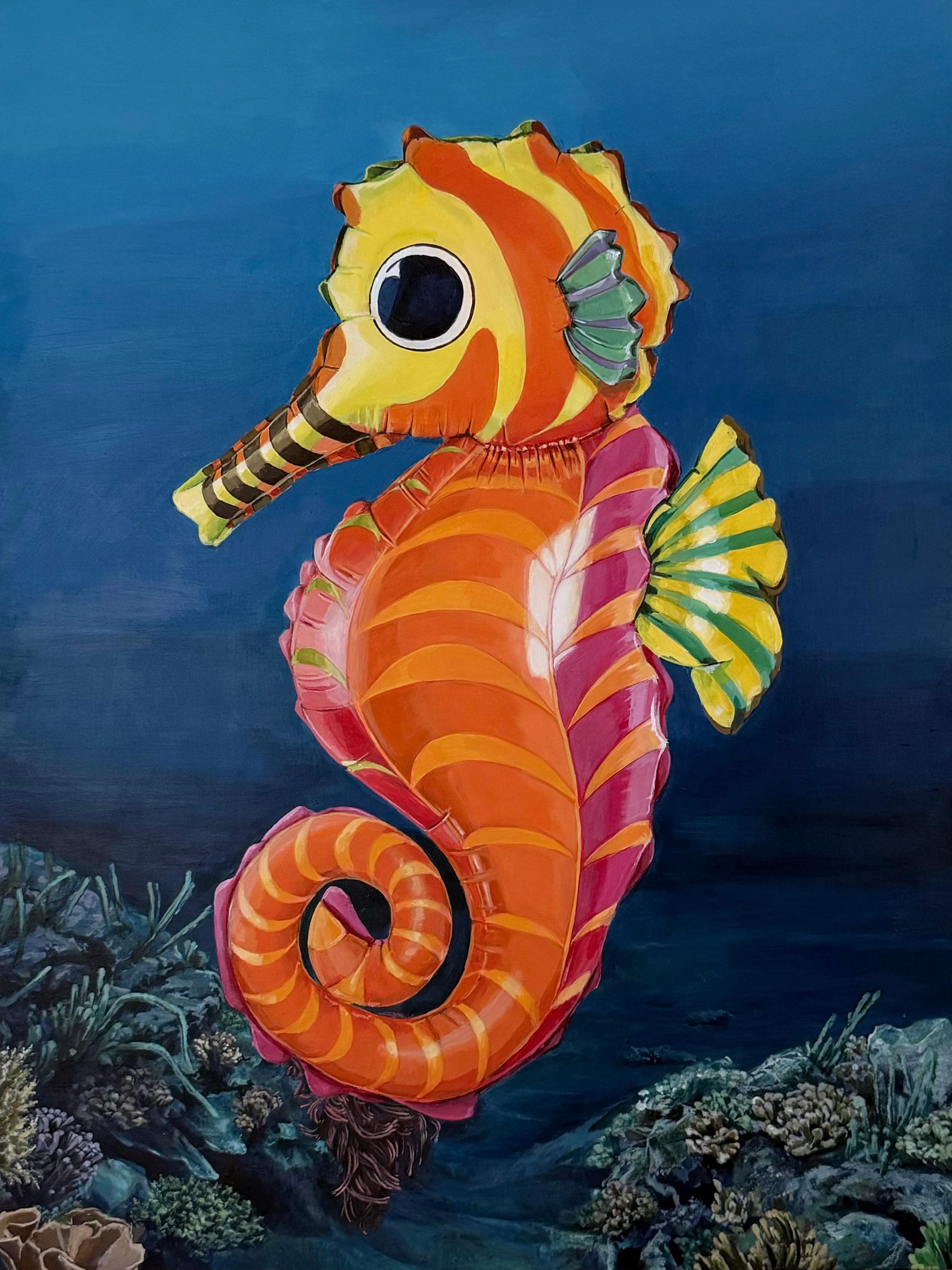 Farbenfrohes metallisches Seepferdchen, surrealistisches Acrylgemälde mit Meeresmotiven auf Leinen