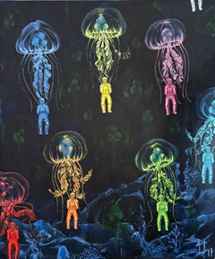 Large Jellyfish Painting Underwater Pop Surrealist Marine Life Acrylic on Linen