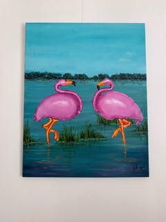 Gemälde auf Leinwand mit rosa Flamingos auf der „Blue Lagoon“