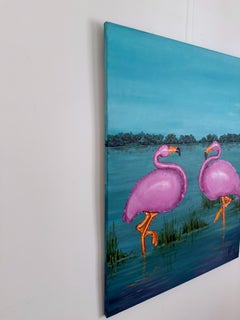 Pair of Pink Flamingos in Blue Lagoon, Colorful Figurative Acrylic Painting