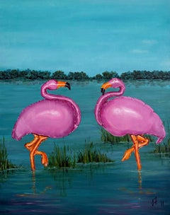Gemälde auf Leinwand mit rosa Flamingos auf der „Blue Lagoon“
