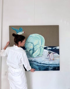 Arctic seascape acrylic painting on raw linen depicting an inflatable polar bear
