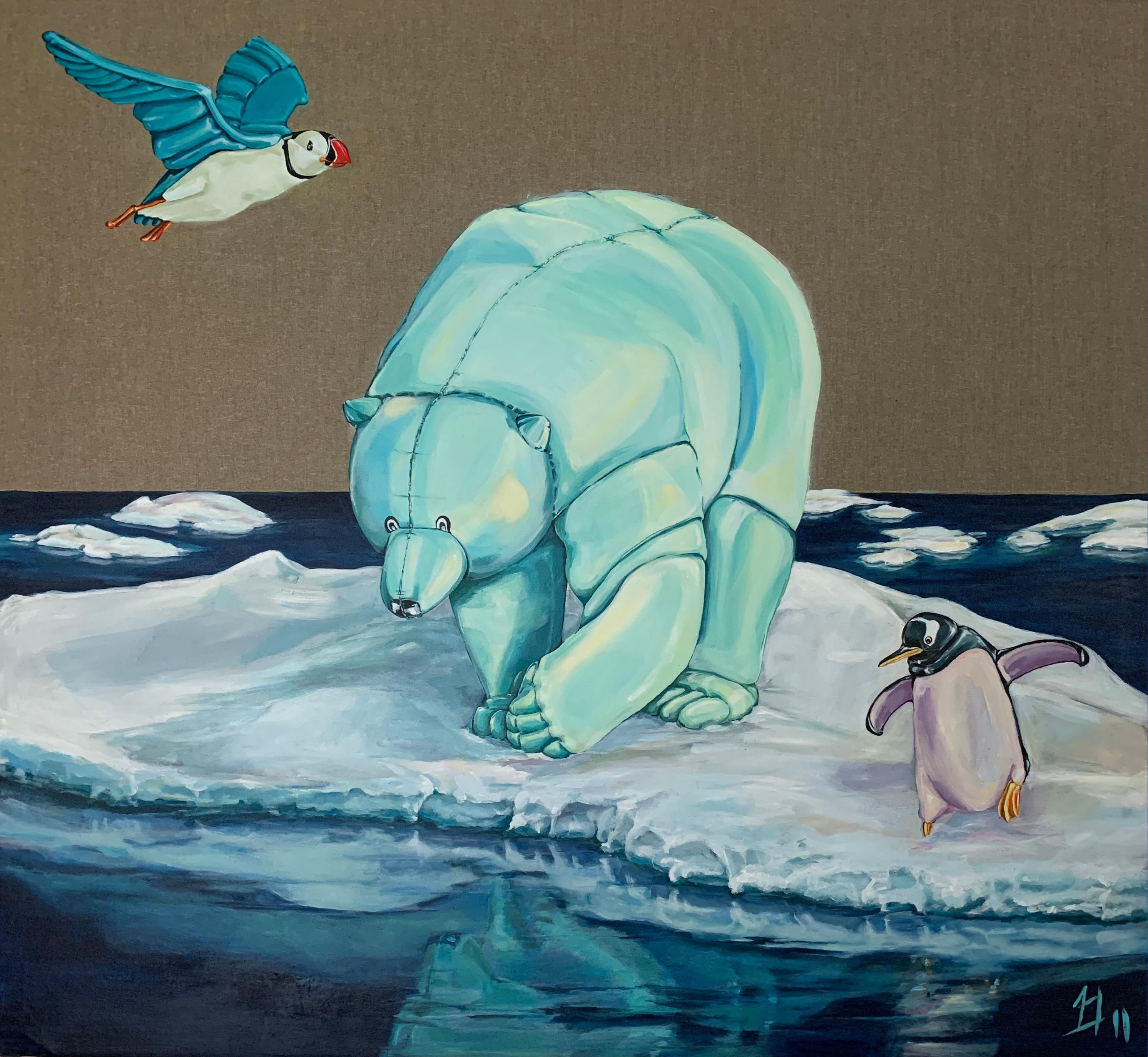 Polar Bear and Puffin Arctic Wildlife Painting Balloon Animal Art on Linen