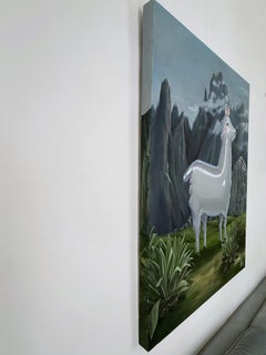 Lama gonfiabile d'argento in un paesaggio montano andino, pittura acrilica