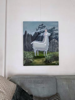 Balloon Llama Wildlife Painting Andean Mountain Landscape on Linen