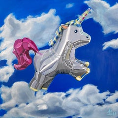 Silver Inflatable Unicorn Animal Acrylic Painting on Canvas with Blue Sky Clouds