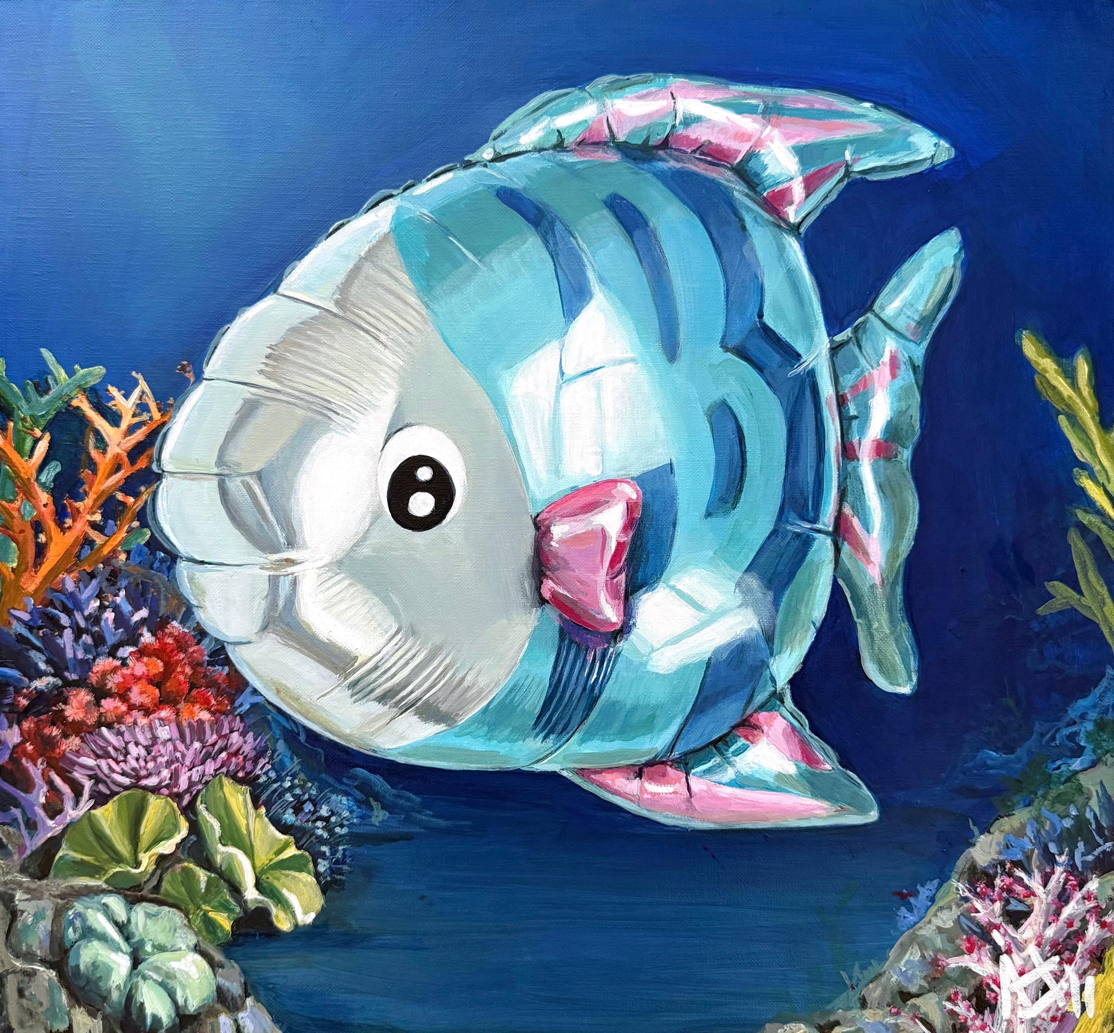 Sofía Cristina Jiménez Figurative Painting - Inflatable Tropical Fish Painting Marine Life Coral Reef Coastal Ocean Wall Art