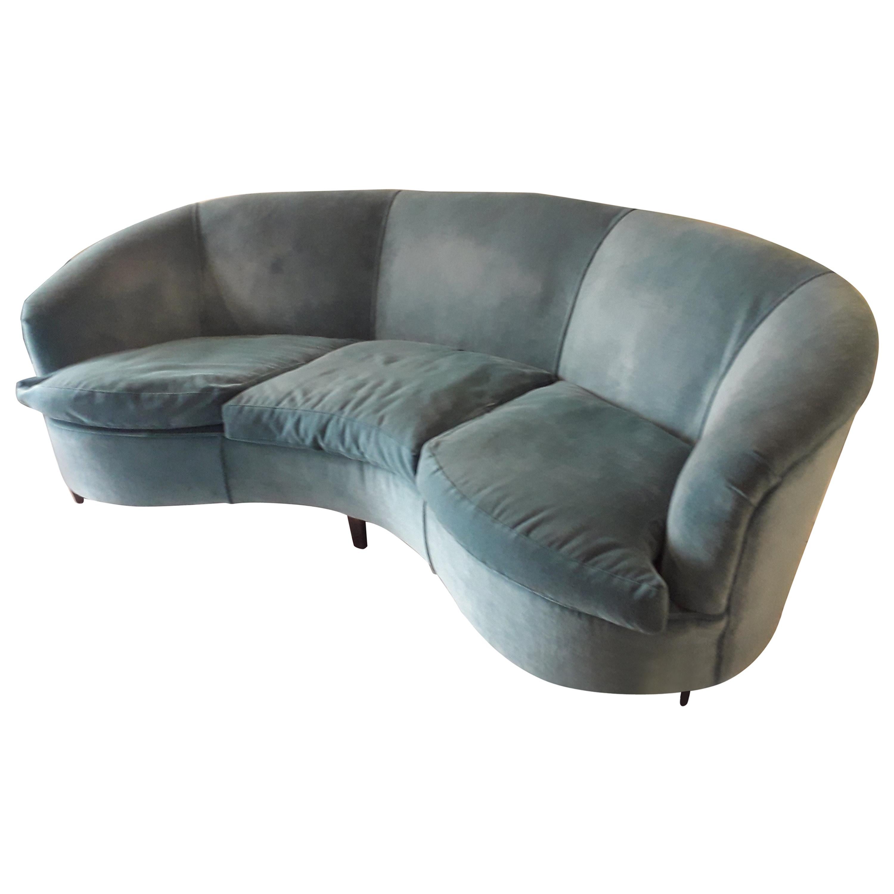 Sofa geschwungener Samt Blu Tiffany:: Mid-Century Modern Atelier O.Borsani