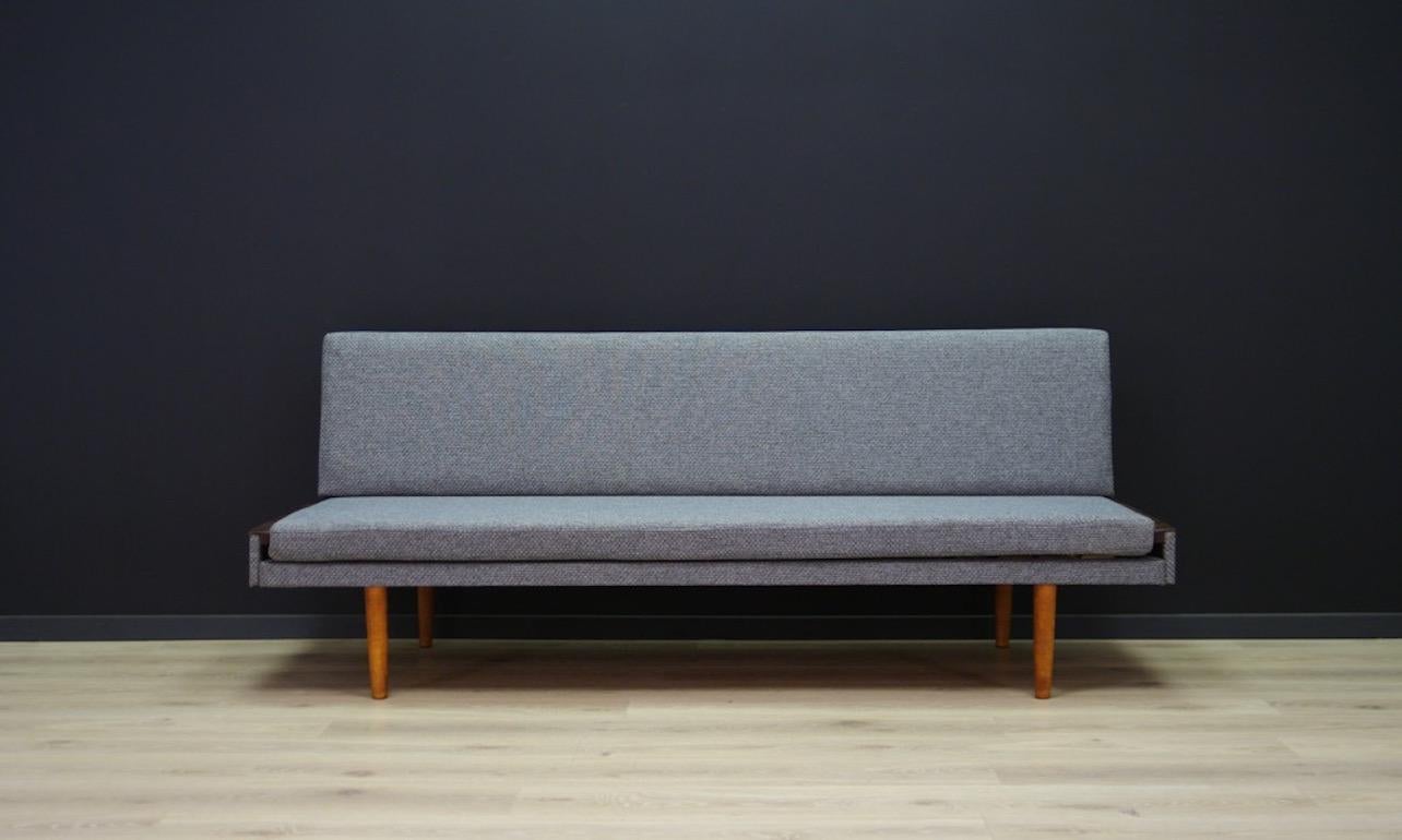 Extraordinary sofa, Danish minimalism from the 1960s-1970s, classic form - Scandinavian design. Upholstery after replacement (color-gray). Preserved in good condition - directly for use.

Dimensions: height 75.5 cm seat height 39 cm seat 180 cm x