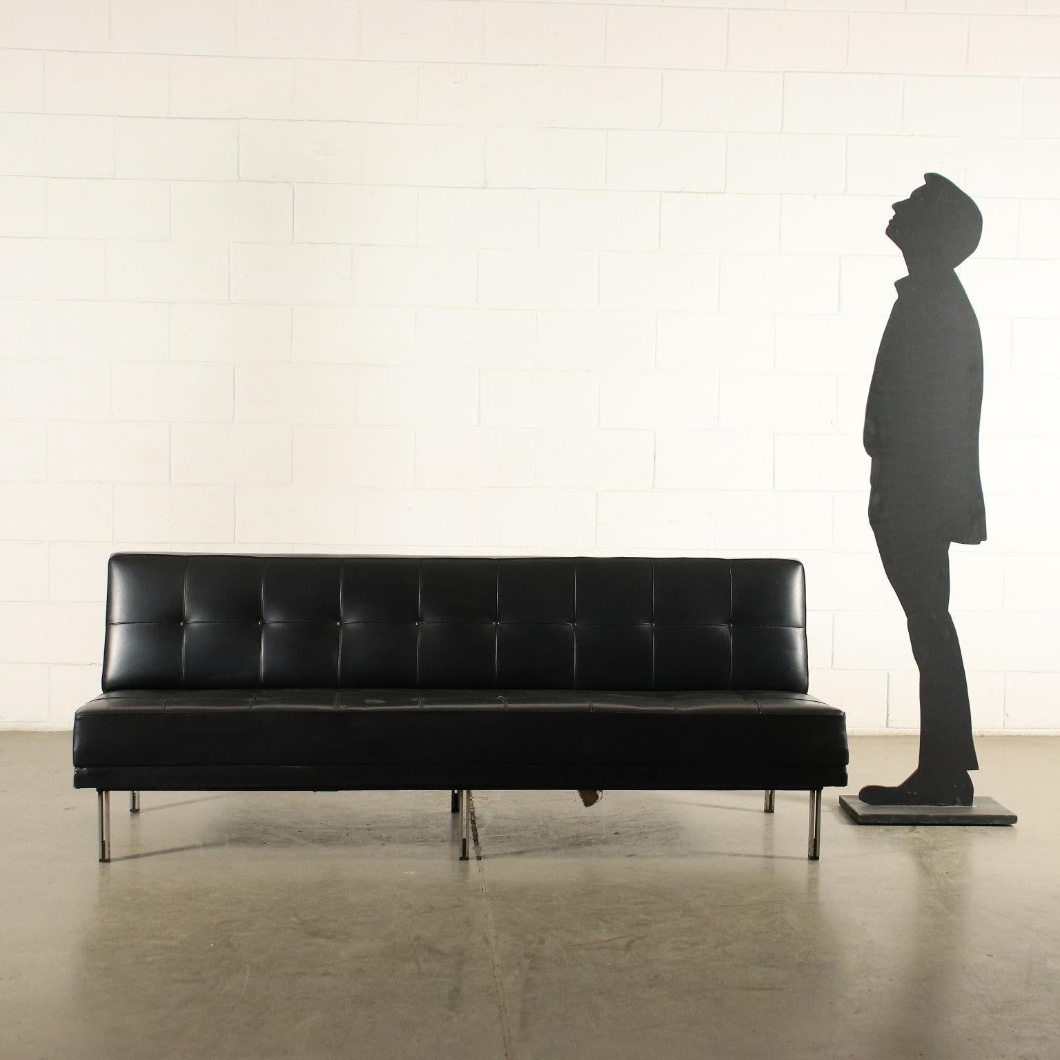 Sofa, foam padding, original leatherette upholstery from the time, chromed metal legs.