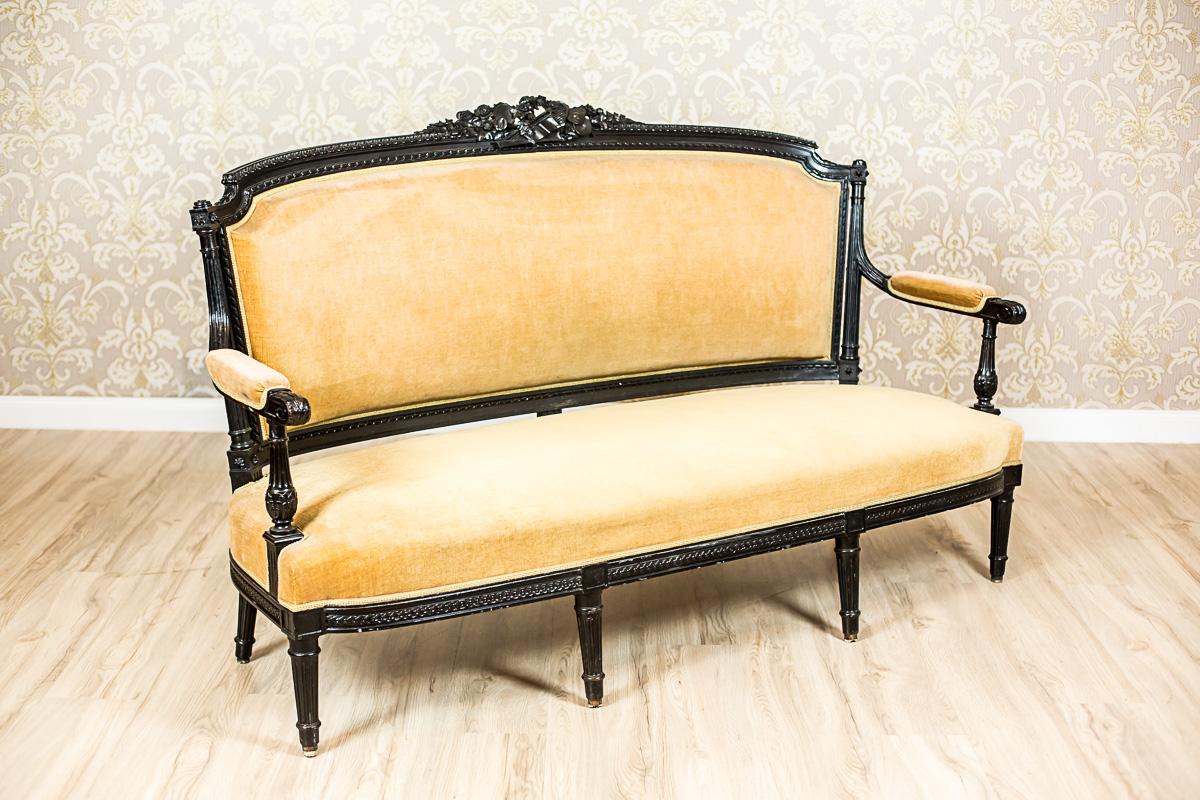 We present you this sofa with wooden, painted black frame with upholstered seat, backrest, and armrests. This piece of furniture is probably from the mid. 19th century.
The side profiles, the lower and upper frames of the backrests are decorated