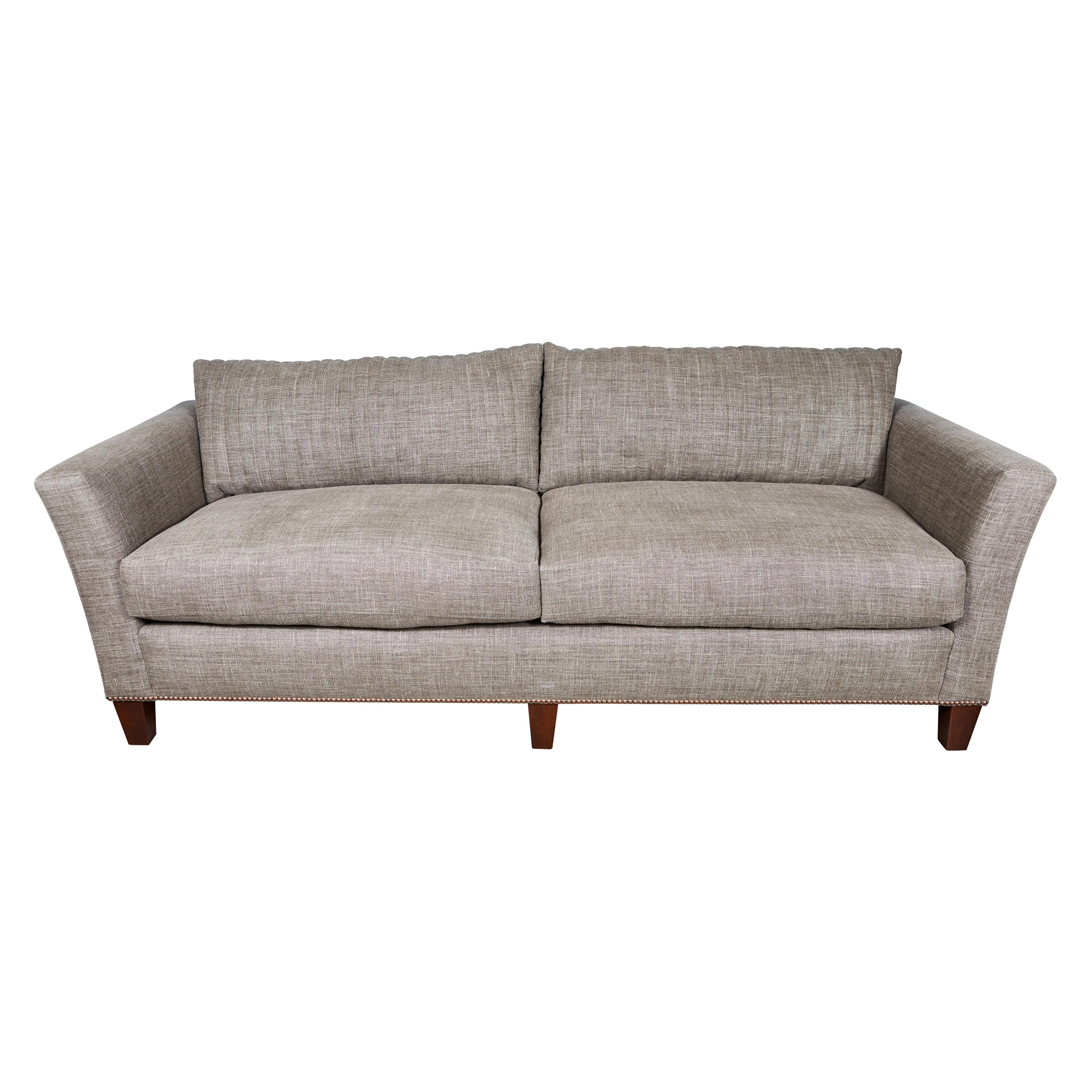 Midcentury Sofa in Belgian Linen with Channel Quilting and Cushions in Down