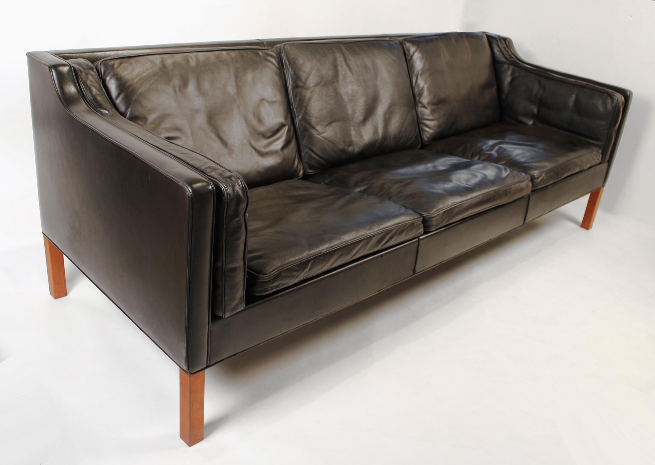 Scandinavian Modern Sofa in Black Leather by Borge Mogensen