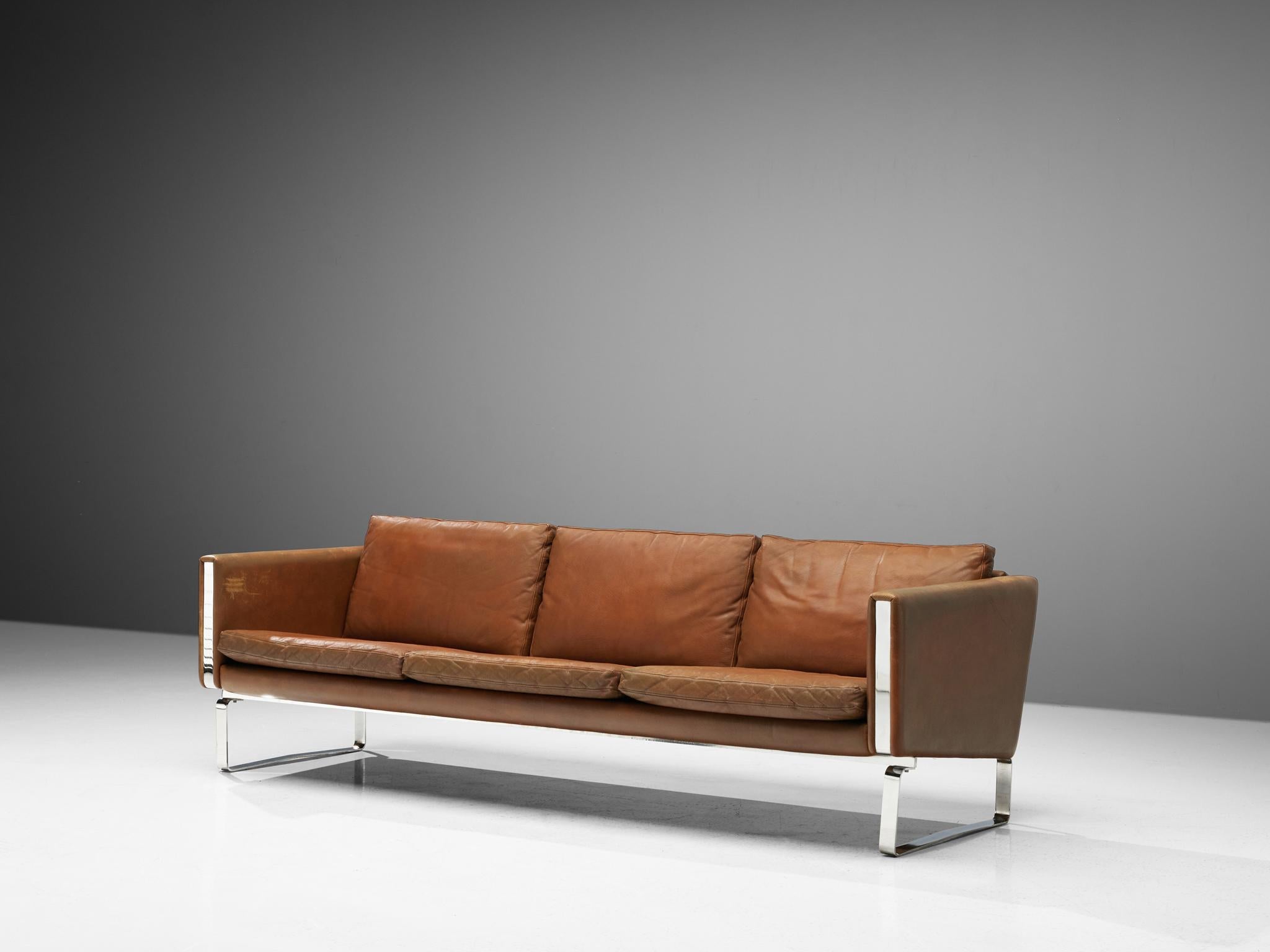 Mid-Century Modern Sofa in Brown Leather and Chrome