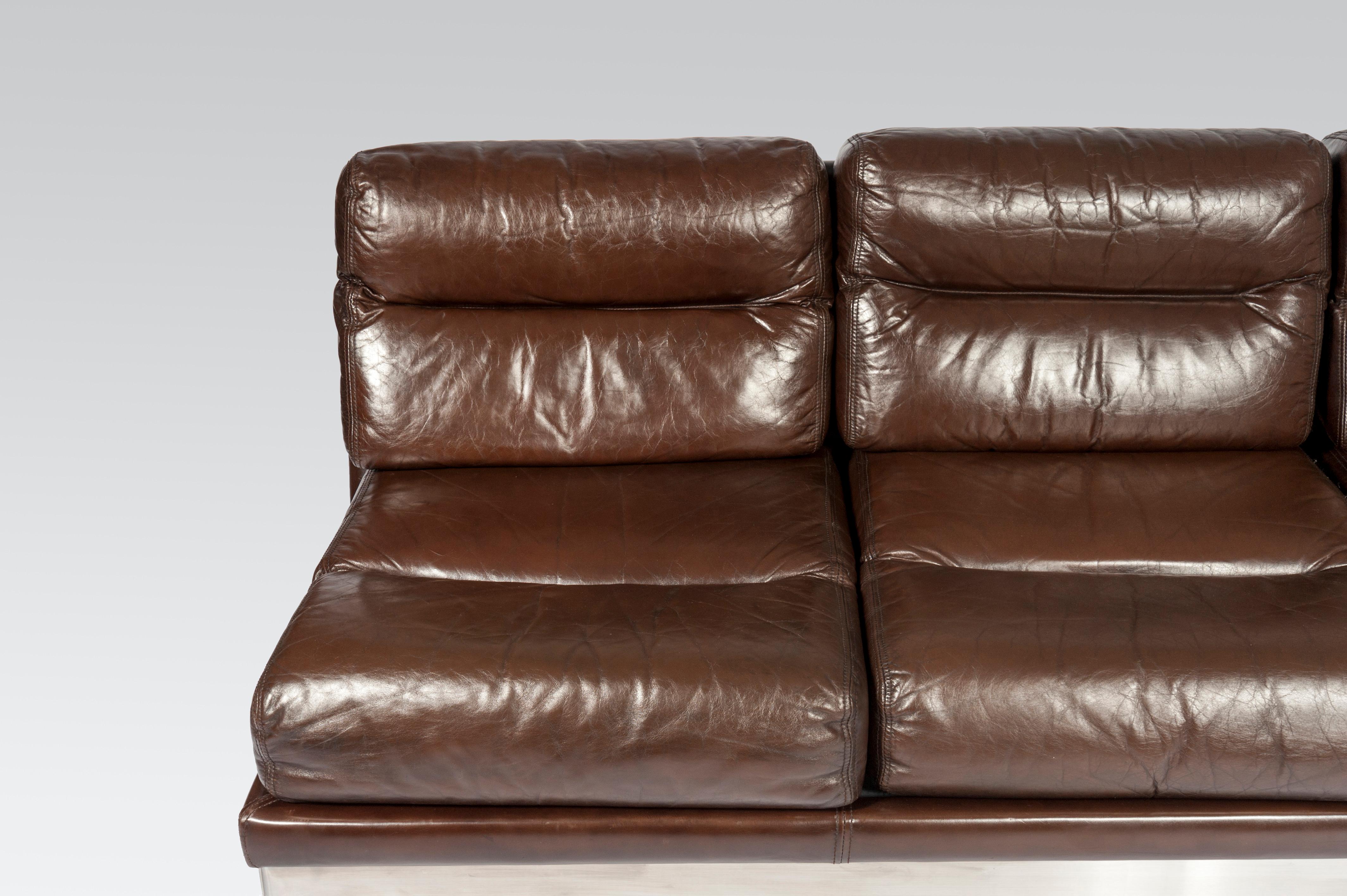 Mid-Century Modern Sofa in Brown Leather and Stainless Steel by Jacques Charpentier