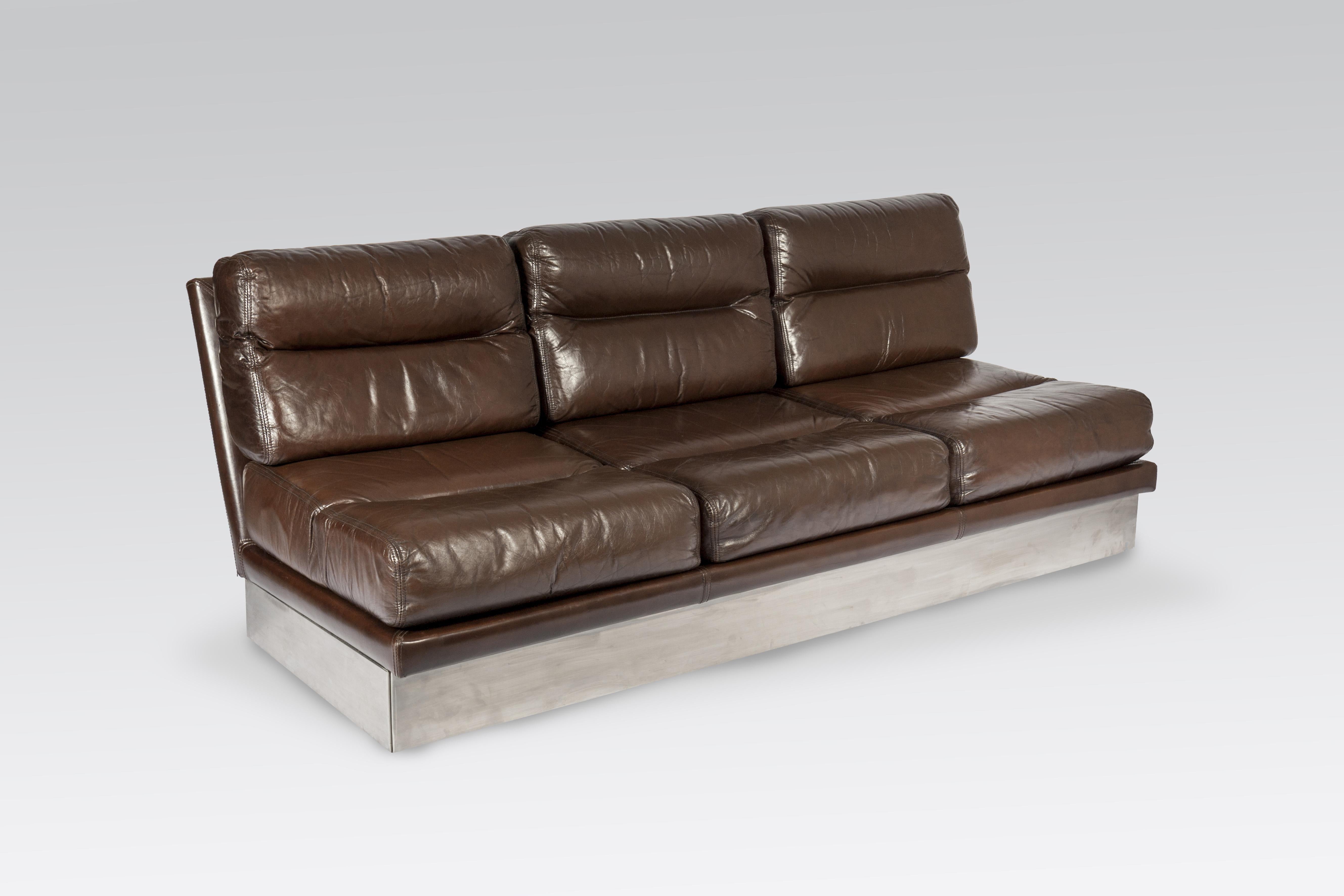 Late 20th Century Sofa in Brown Leather and Stainless Steel by Jacques Charpentier