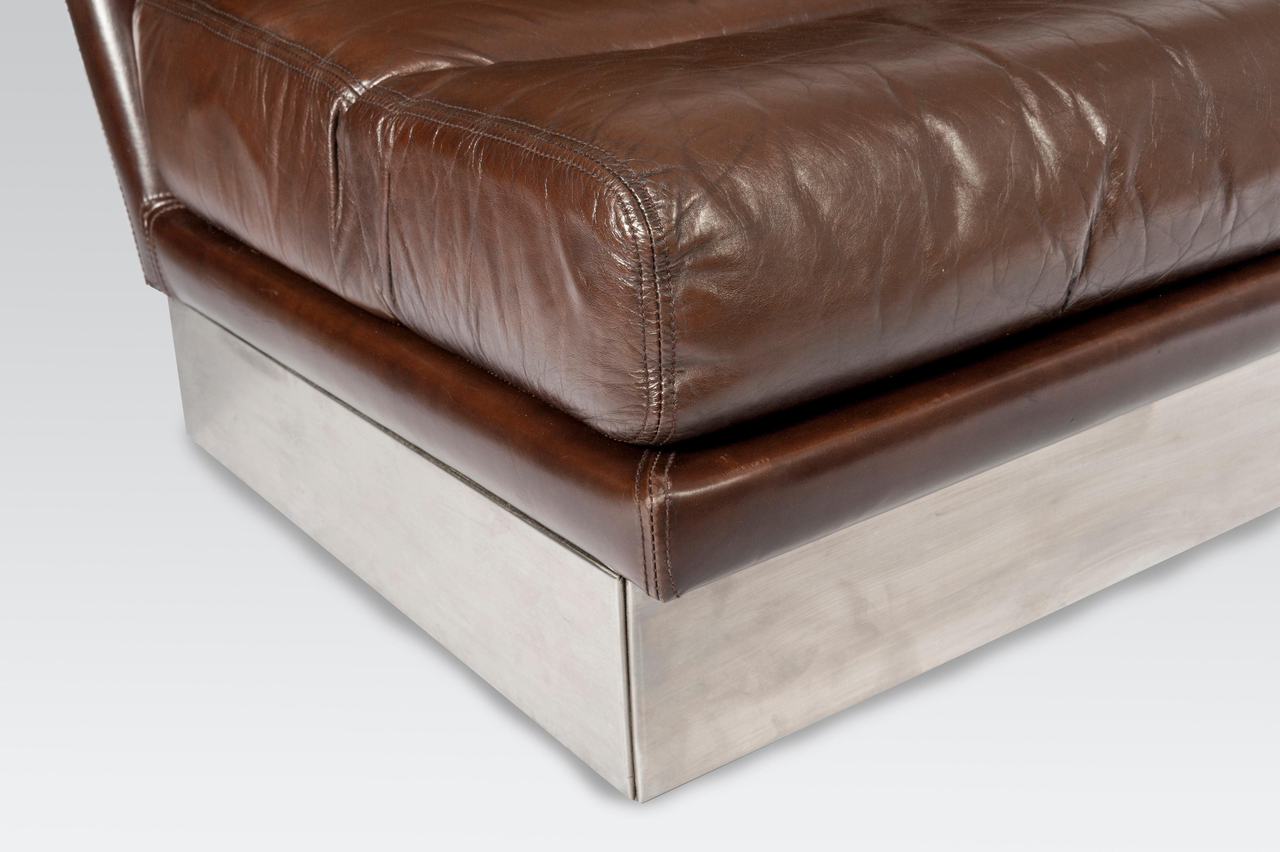 Sofa in Brown Leather and Stainless Steel by Jacques Charpentier 1