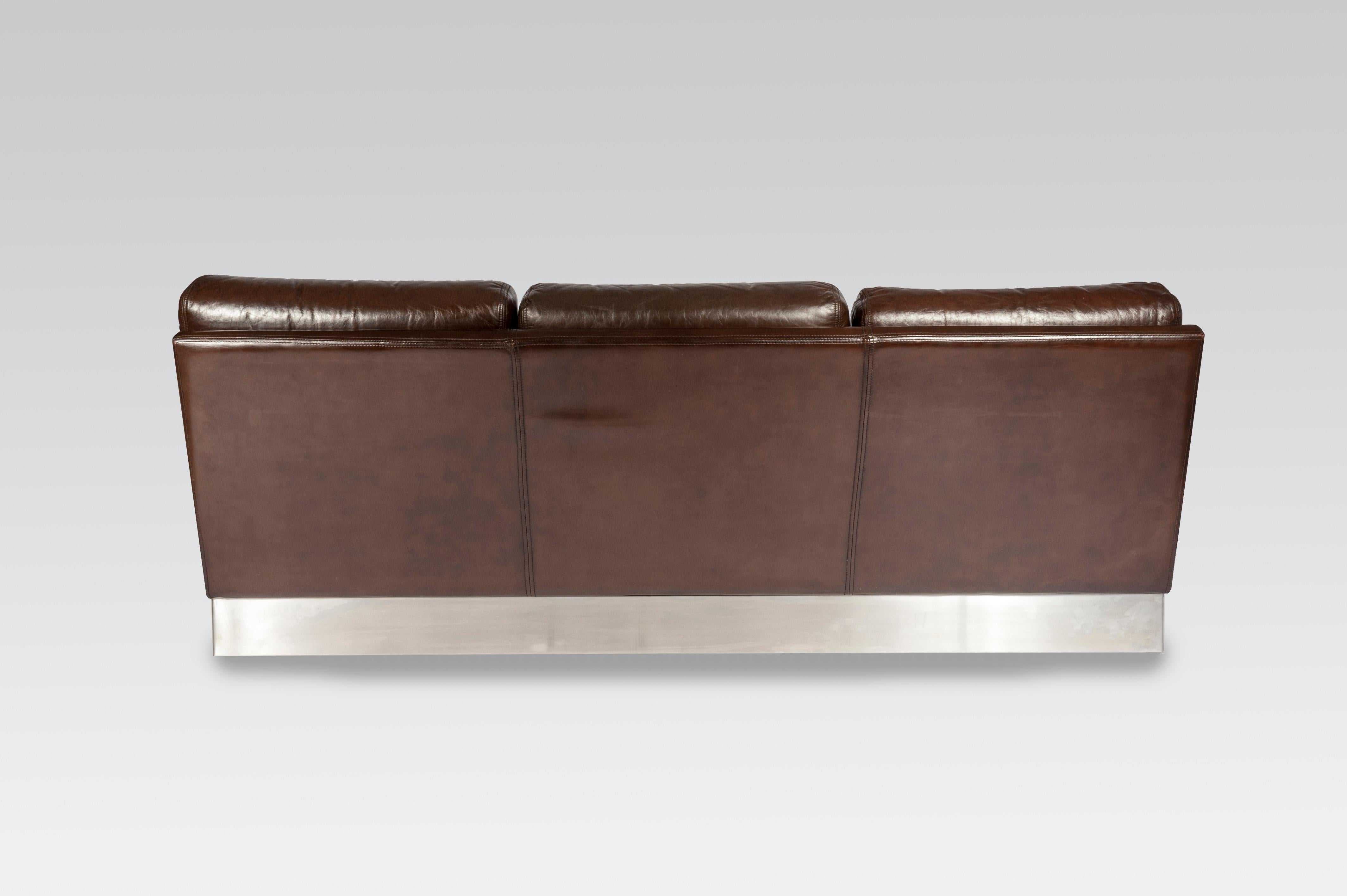 Sofa in Brown Leather and Stainless Steel by Jacques Charpentier 2