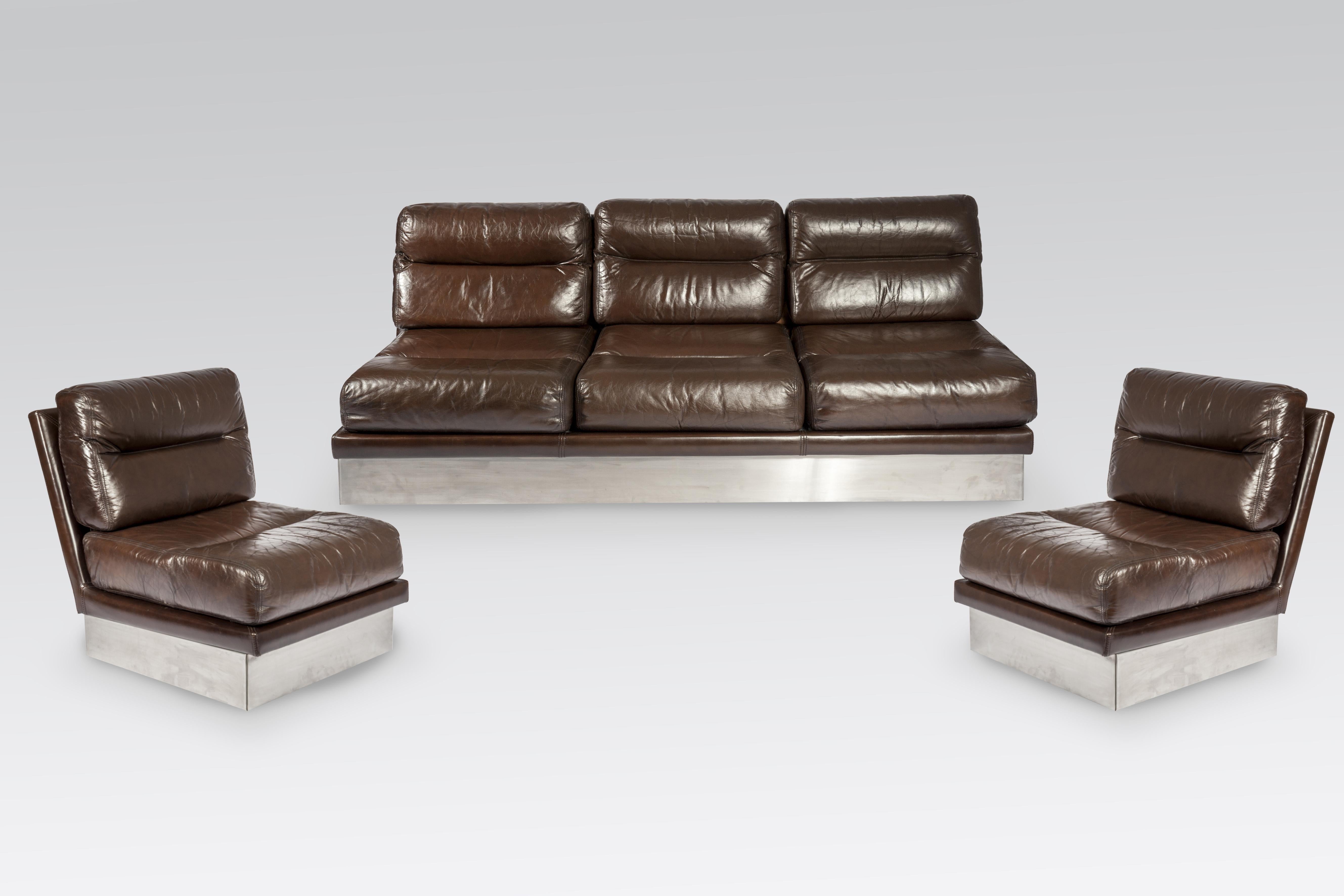 Sofa in Brown Leather and Stainless Steel by Jacques Charpentier 3