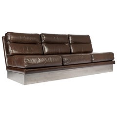 Vintage Sofa in Brown Leather and Stainless Steel by Jacques Charpentier