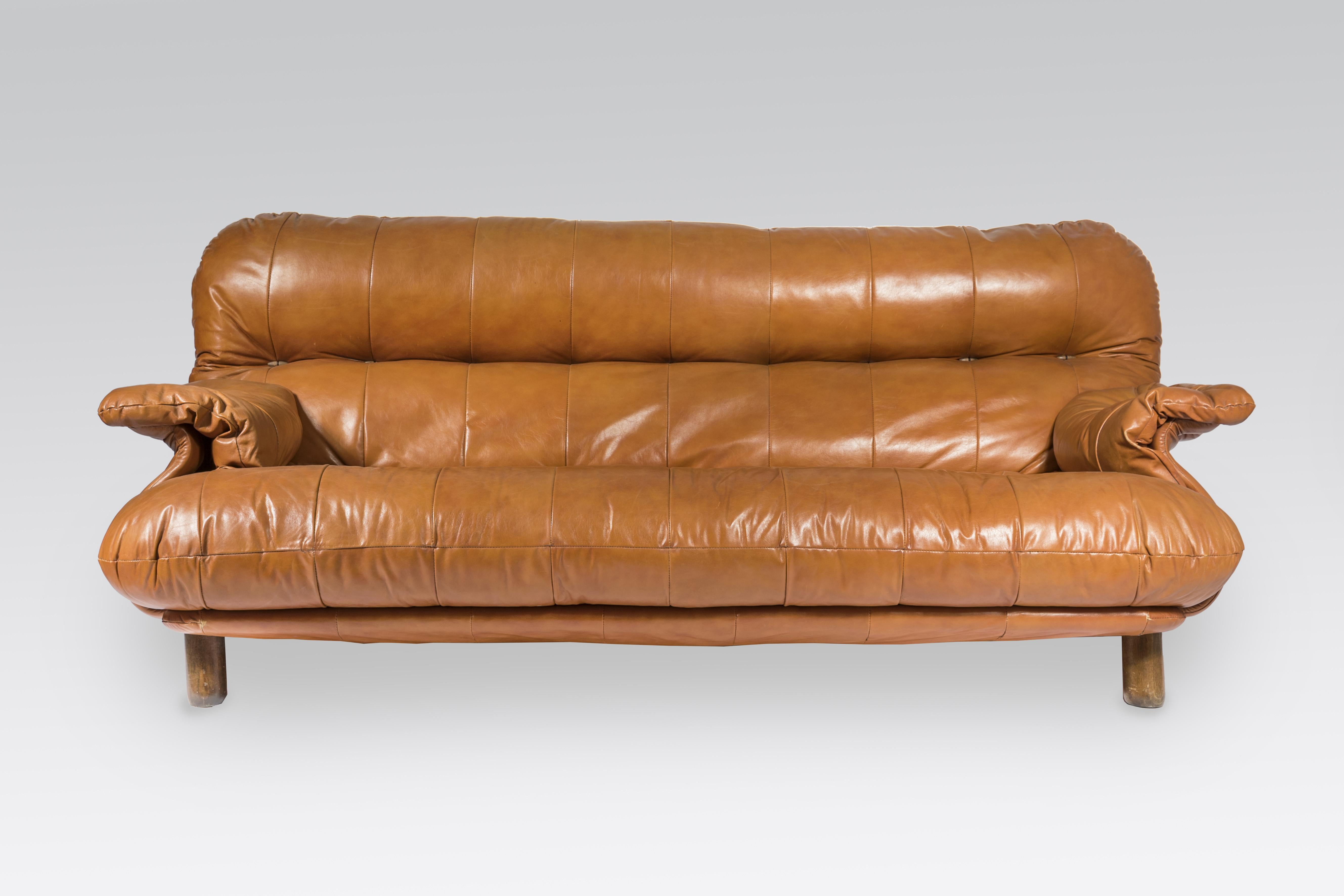 Mid-Century Modern Sofa in Cognac Leather and Wood