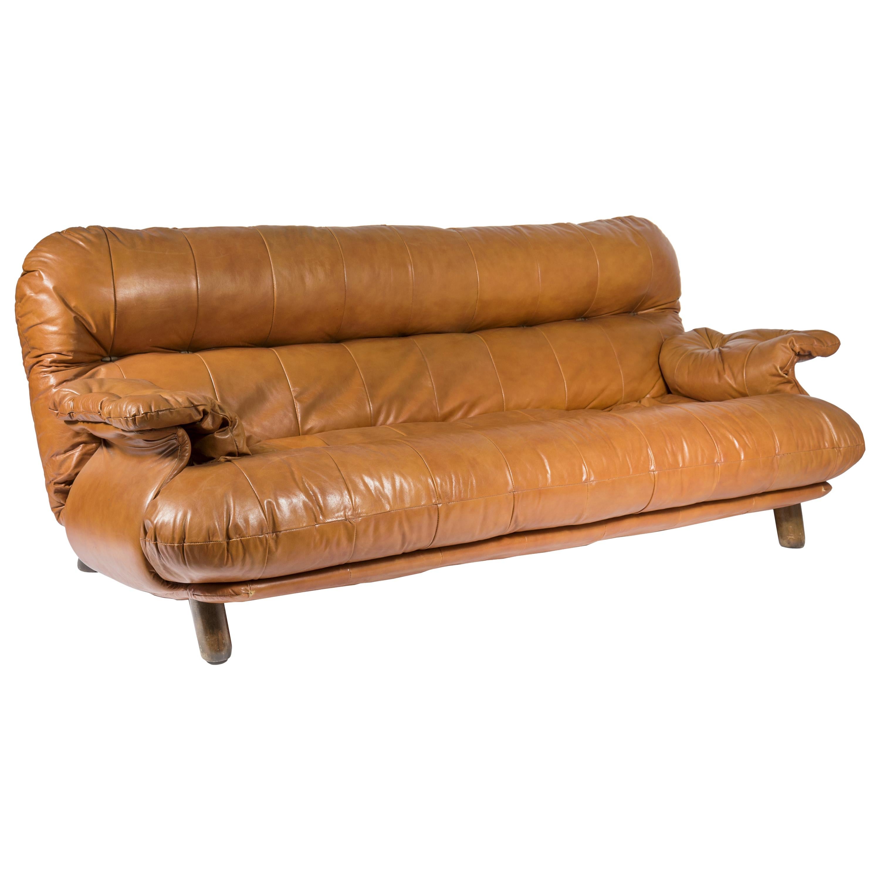 Sofa in Cognac Leather and Wood