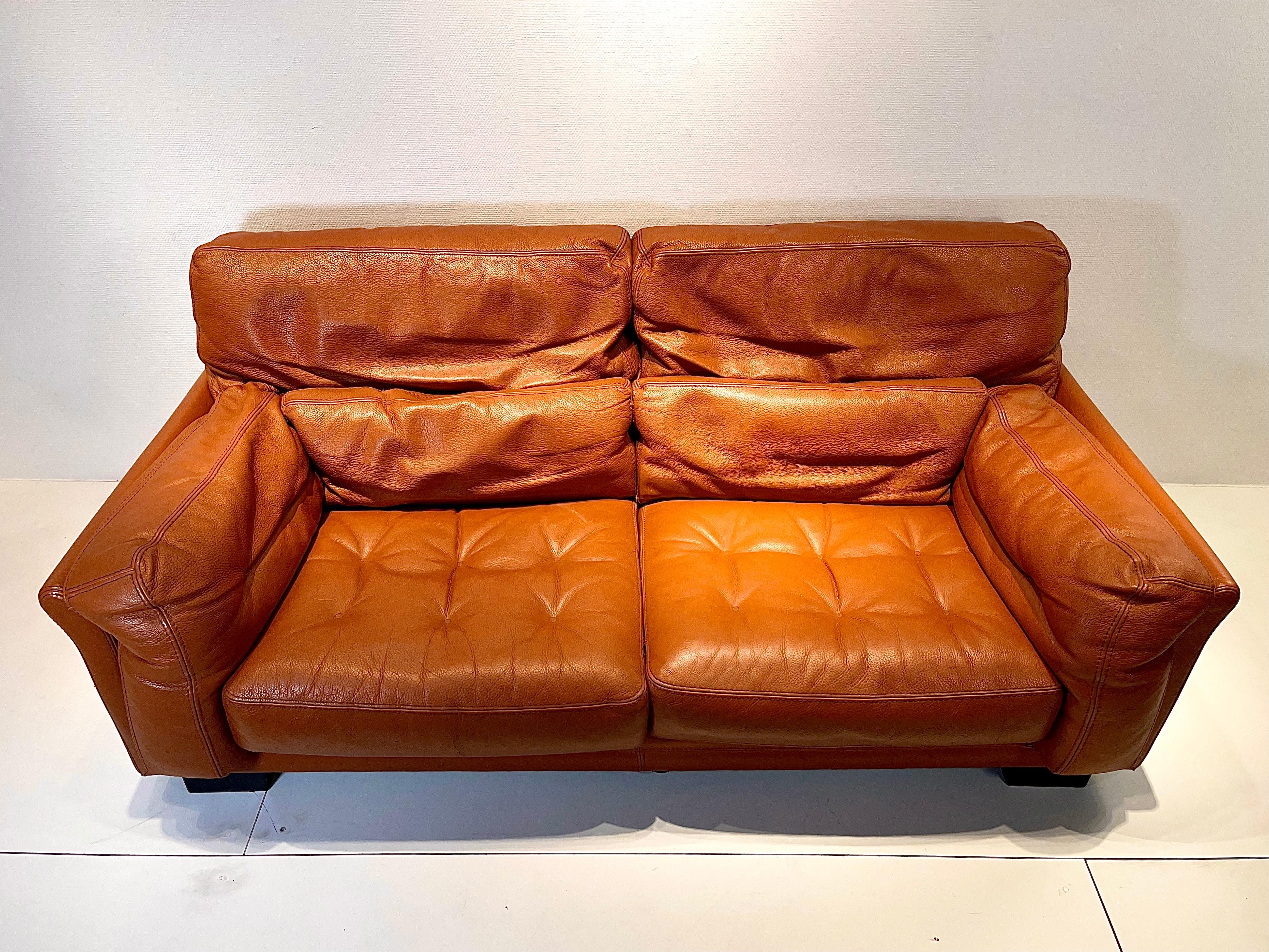 Mid-Century Modern Sofa in Cognac Leather by Roche Bobois