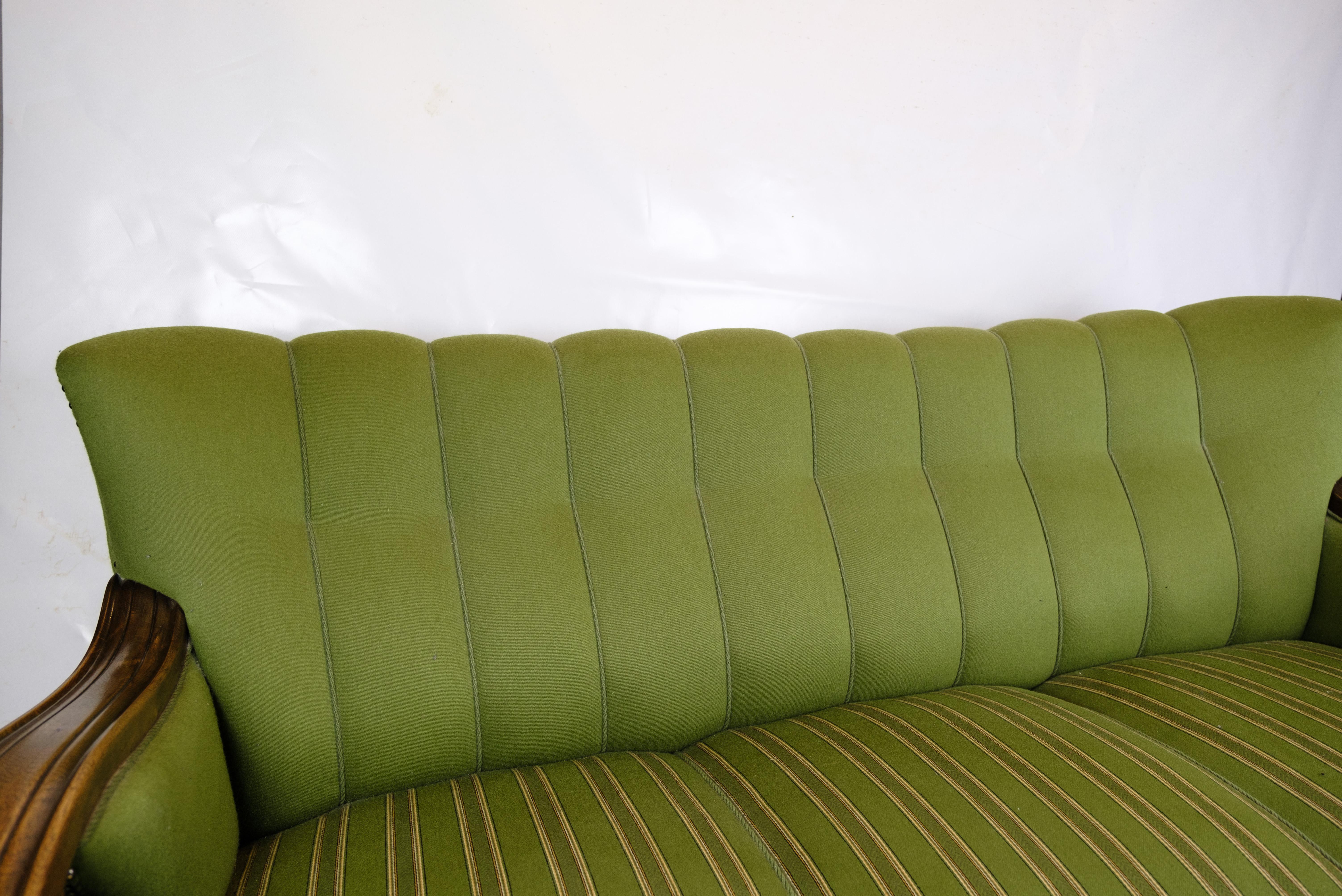 Sofa in Green fabric with Wood Carvings from 1920s. In Good Condition In Lejre, DK