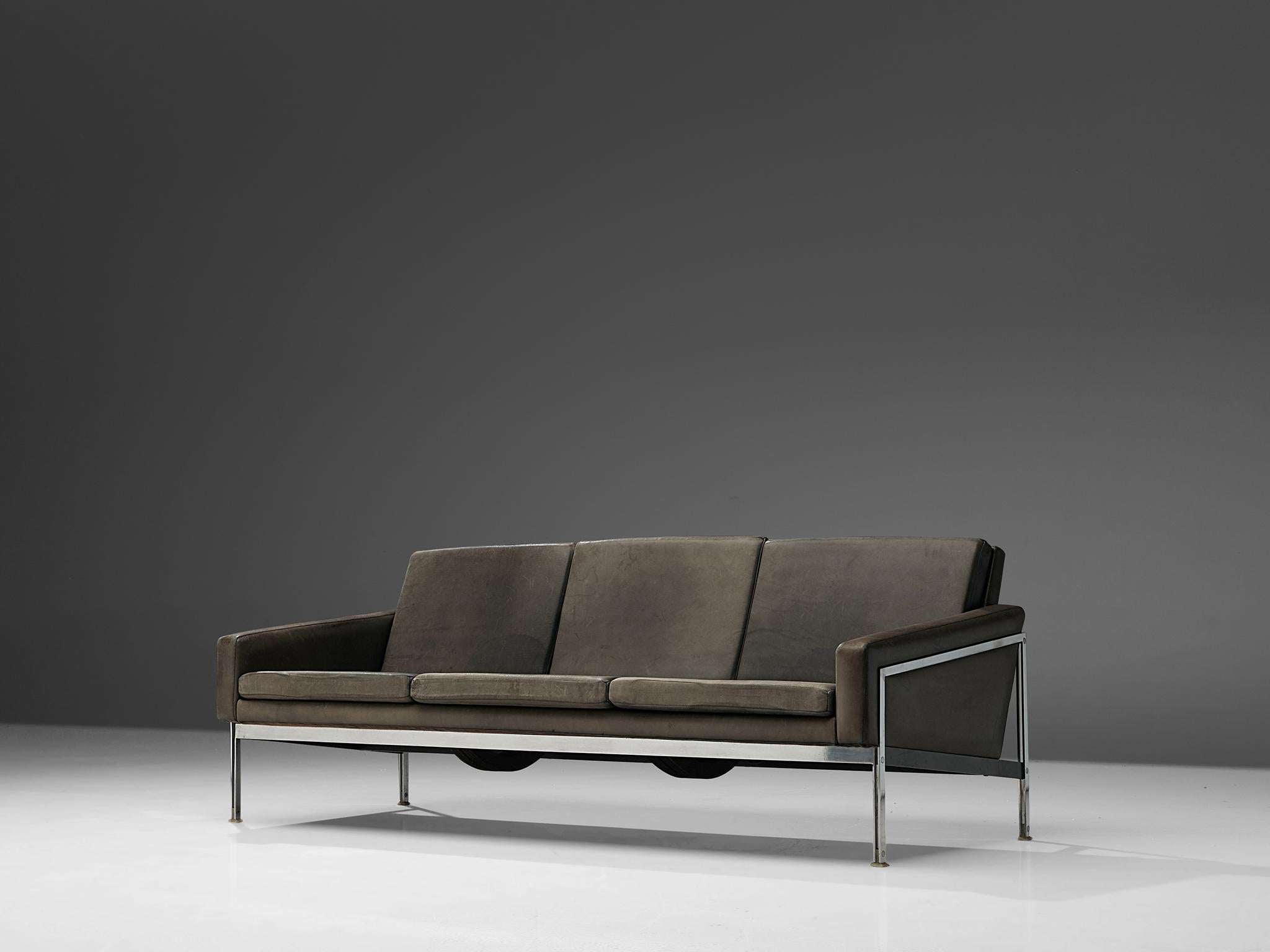 Picture of Minimalist Sofa in Grey Leather and Chrome For Sale at 1stDibs ...