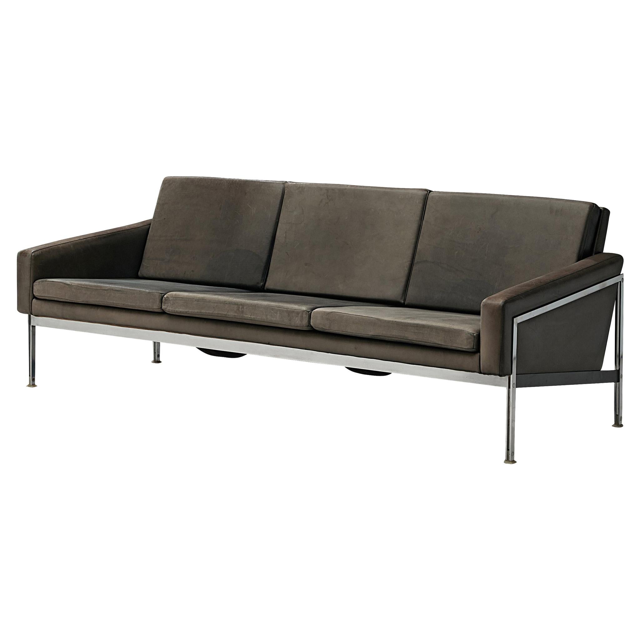 Anguis Sofa in Grey Synthetic Leather with Quilted Backrest and Wood