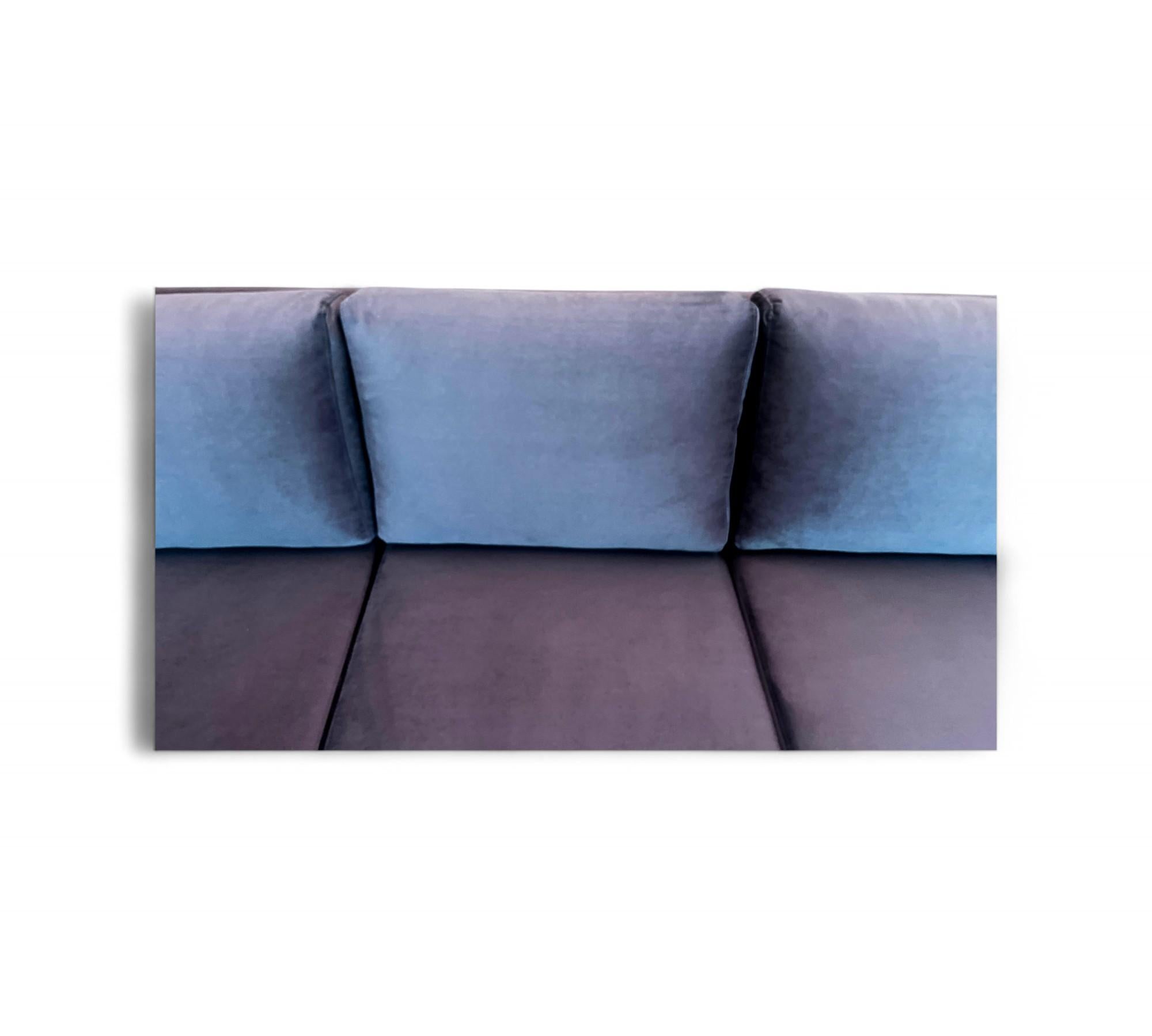Hand-Crafted Sofa in Hardwood & Loose Cushions in Blue Velvet, Joaquim Tenreiro For Sale