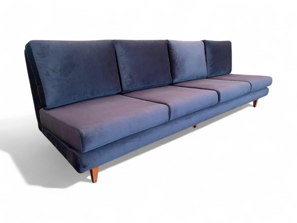 Sofa in Hardwood & Loose Cushions in Blue Velvet, Joaquim Tenreiro In Good Condition For Sale In New York, NY