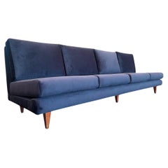 Vintage Sofa in Hardwood & Loose Cushions in Blue Velvet, Joaquim Tenreiro