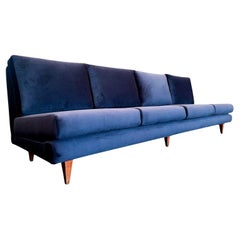 Sofa in Hardwood & Loose Cushions in Blue Velvet, Joaquim Tenreiro