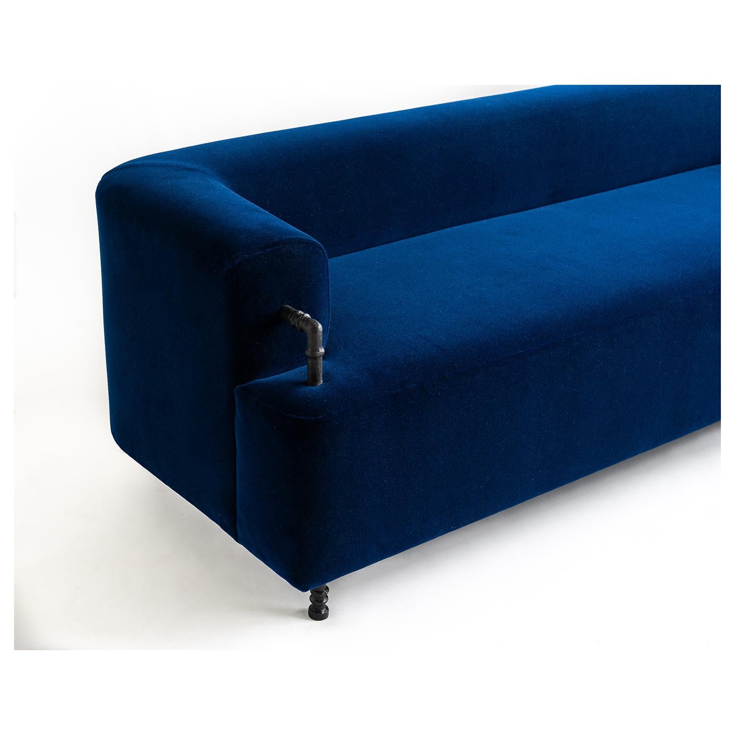 American Sofa in Knoll Textile Plush Mohair with Simple Hand Carved Steel Elements