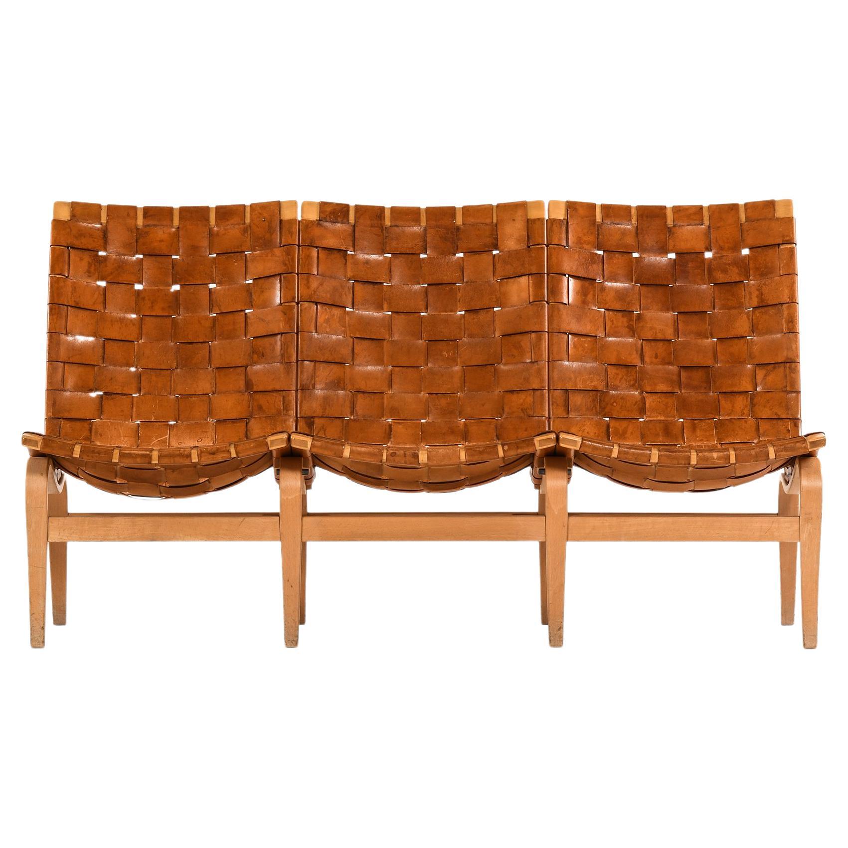 Sofa aus laminierter Birke und Original-Lederband von Bruno Mathsson, 1968